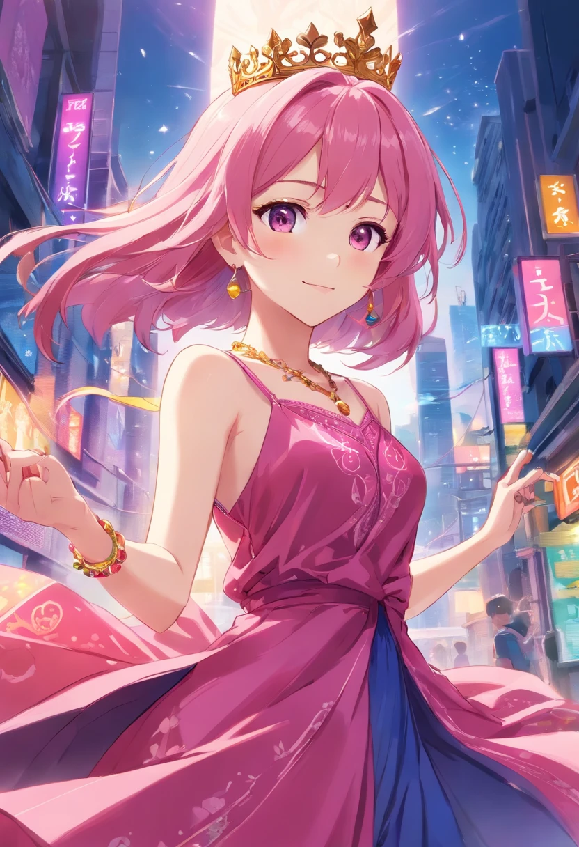 beautiful, happy princess, pink hair, wearing flowing dress in rich hues of deep pink and royal blue, adorned with intricate patterns that hinted at her connection to ancient magic, reflection of her enigmatic nature, smiling confidentially, wearing jewel necklace, magical bracelets, marvelous crown, brilliant texture work, purple pants