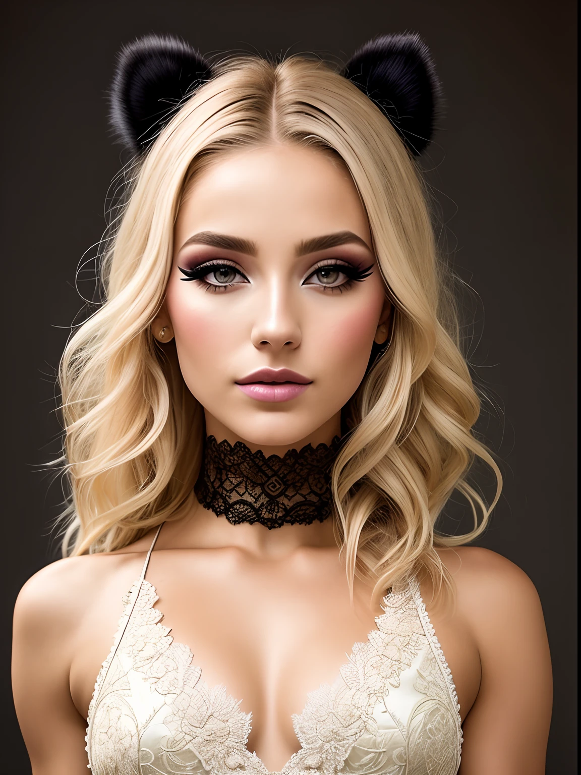 A portrait of a blonde, (makeup:1.4), amazing body, (fit body:1.2), lace outfit, highly detailed fur, natural skin texture, 4k textures, detailed belly, Highly detailed perfect smooth skin, Lightroom, Intricate, Ultra-Realistic, Out There, (HDR:1.3), UHD, (Intricate Detail, Hyper-Detailed:1.1), Cinematic, Photoreal, (Dark Shot:1.2), Dramatic, High Contrast, (Warm Color:1.1) , muted colors, master piece, elegant, sharp focus, pony-tail hair