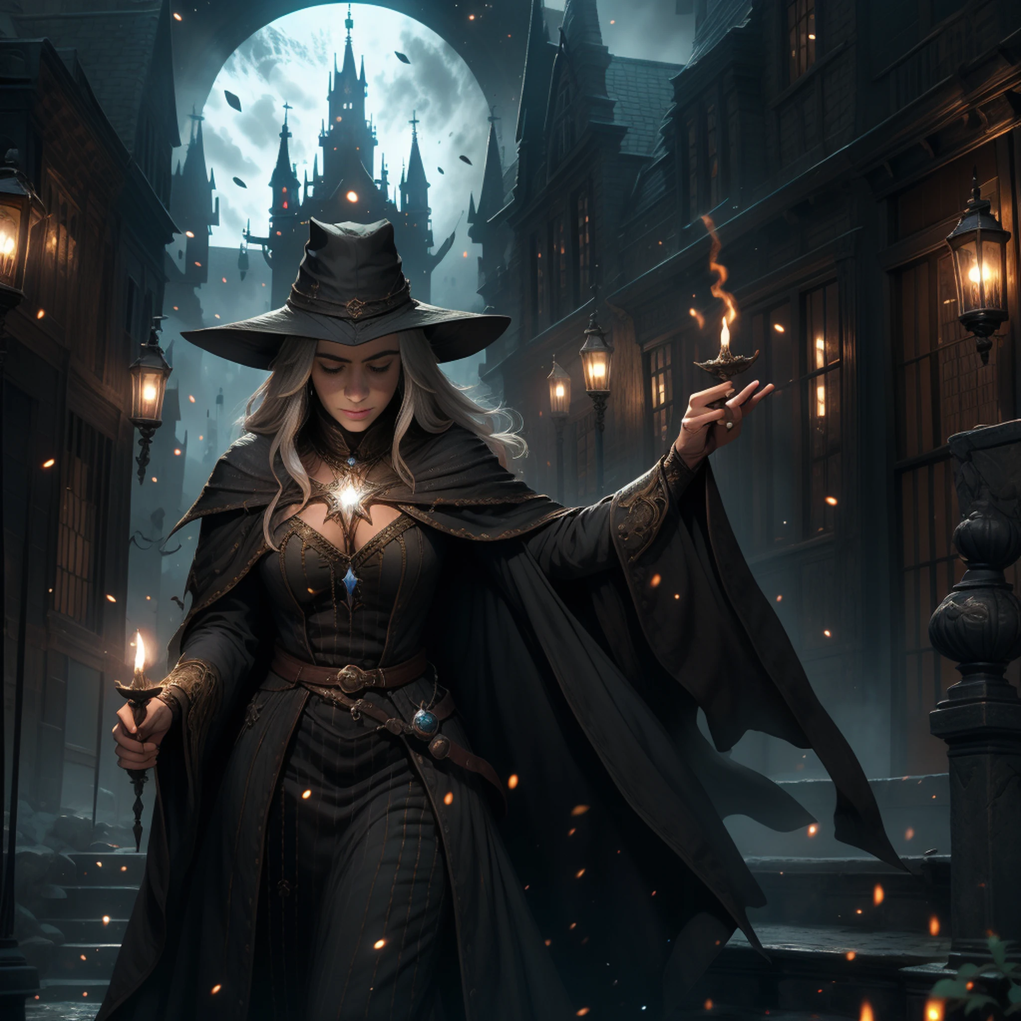 Vestida com um traje de bruxa segurando uma varinha brilhante, Female mage conjuring a spell, mago feminino de fantasia sombria, retrato de feiticeira feminina, Beautiful Female Sorceress, maga feminina,maga de fogo feminina, maga de fogo personagem, in a magical world it is very beautiful and magical, the whole magic world is magnificent, the magic castle is very grand and magnificent, a magic beautiful girl under the stars, (cenas de filmes, Obras, Realistic, ultra-high resolution) the castle is full of magic feeling, the magic world is full of magic items and magic crafts, magic potions and magic ornaments, Gorgeous buildings and shops full of magic, magical supplies and curiosities, the city will be lit up w