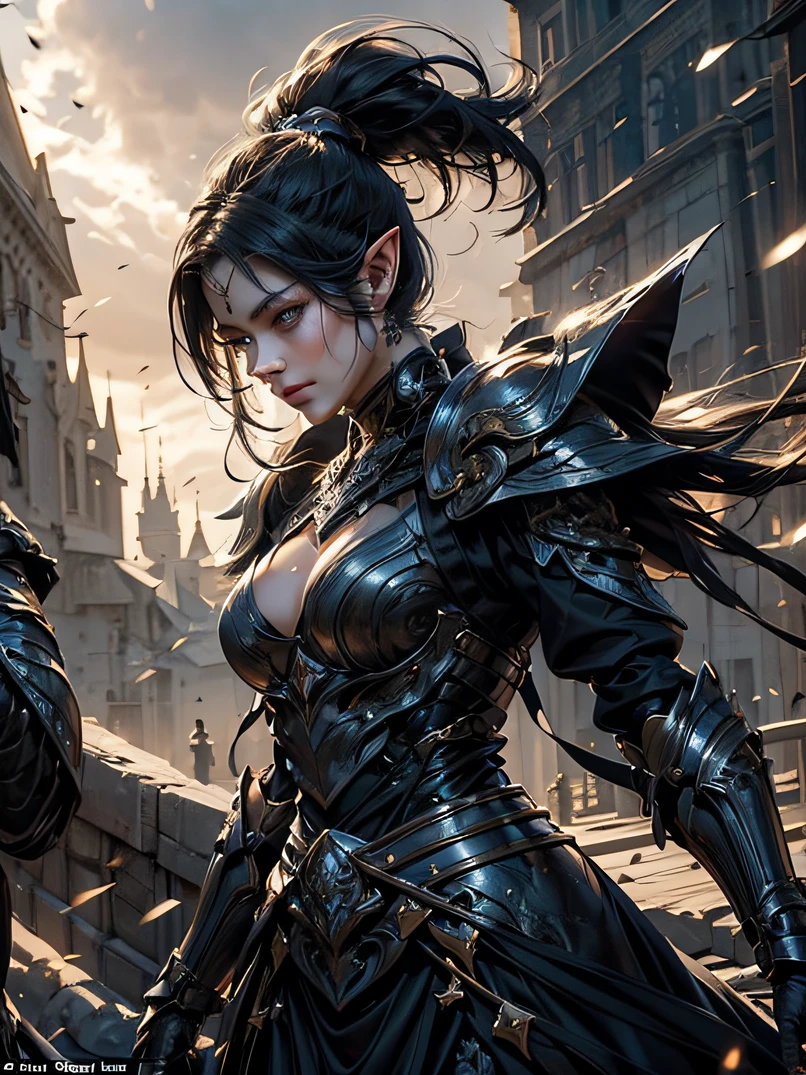 top-quality、Ultra-detailed、Cinematic lighting、Unique lighting effects、Lighting the face、4/5 shots、Focus from the waist up、battle posture、dynamic motion、Full body portrait environment of beautiful 30 year old female elf with intricate details、Elegant person、Graceful aura、Elaborate patterns that blend fantasy and modernity、Black cloak of flowing fabric、Richly textured black leather armor and leggings、Black knight armor with delicate carving、Knight's helmet covering the entire face、Swinging a sword、Multiple enemy soldiers approaching from behind、Burning cityscape and medieval castle、Mystical atmosphere filled with magical elements、Dynamic lighting with vibrant colors、Detailed background depiction、Deep sense of depth、Depth and mood、Slender figure、A dark-haired、Hairstyle Ponytail、Seductive blue eyes、Sharp eyes、Look at viewers、hyperdetailed face、Detailed eyes、Detailed hand depiction、Detailed foot depiction