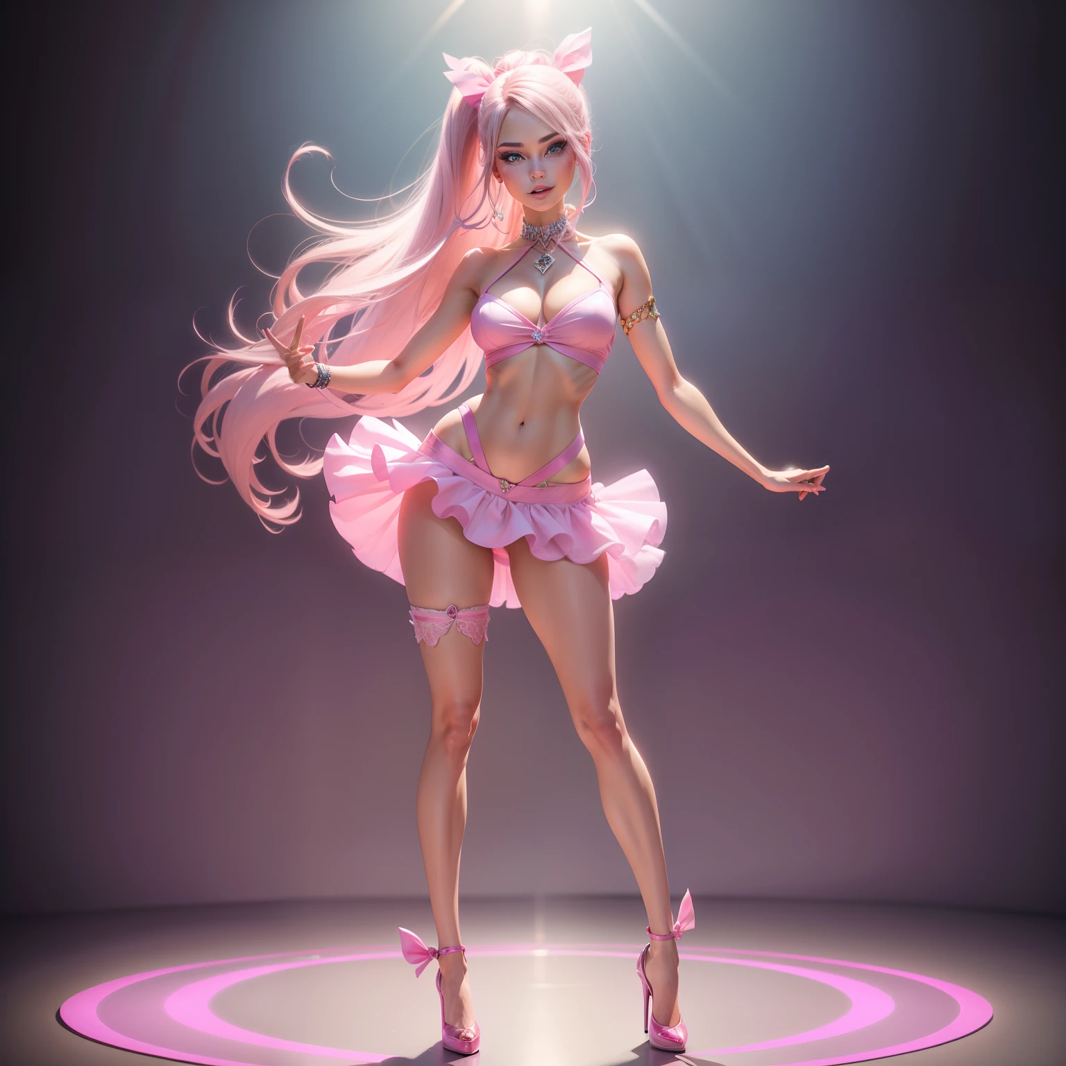 Barbie, ((Full body)), Blue eyes, Smiling face, Hair loss swaying in the wind, Hip Hop Singer Pose, Dressed in hip-hop style, Wearing a pink camisole that reflects light,swarovski,pasties,With a pink bow on the arm, Fashion, Extremely high quality, high details, 8K, clean back ground, in studio, ((Full body shot)),Fingers are realistic,Accurate Hand Modeling,