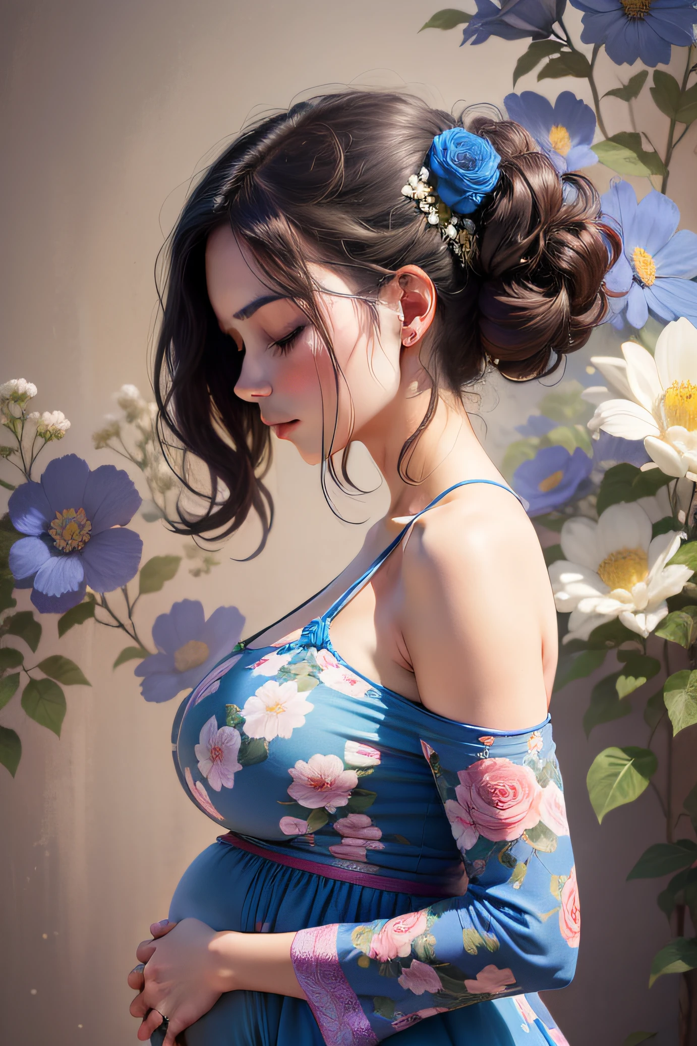 (highres,realistic) A pregnant woman in profile, her eyes closed in peaceful contemplation, dressed in a blue gown, surrounded by a vibrant floral background.