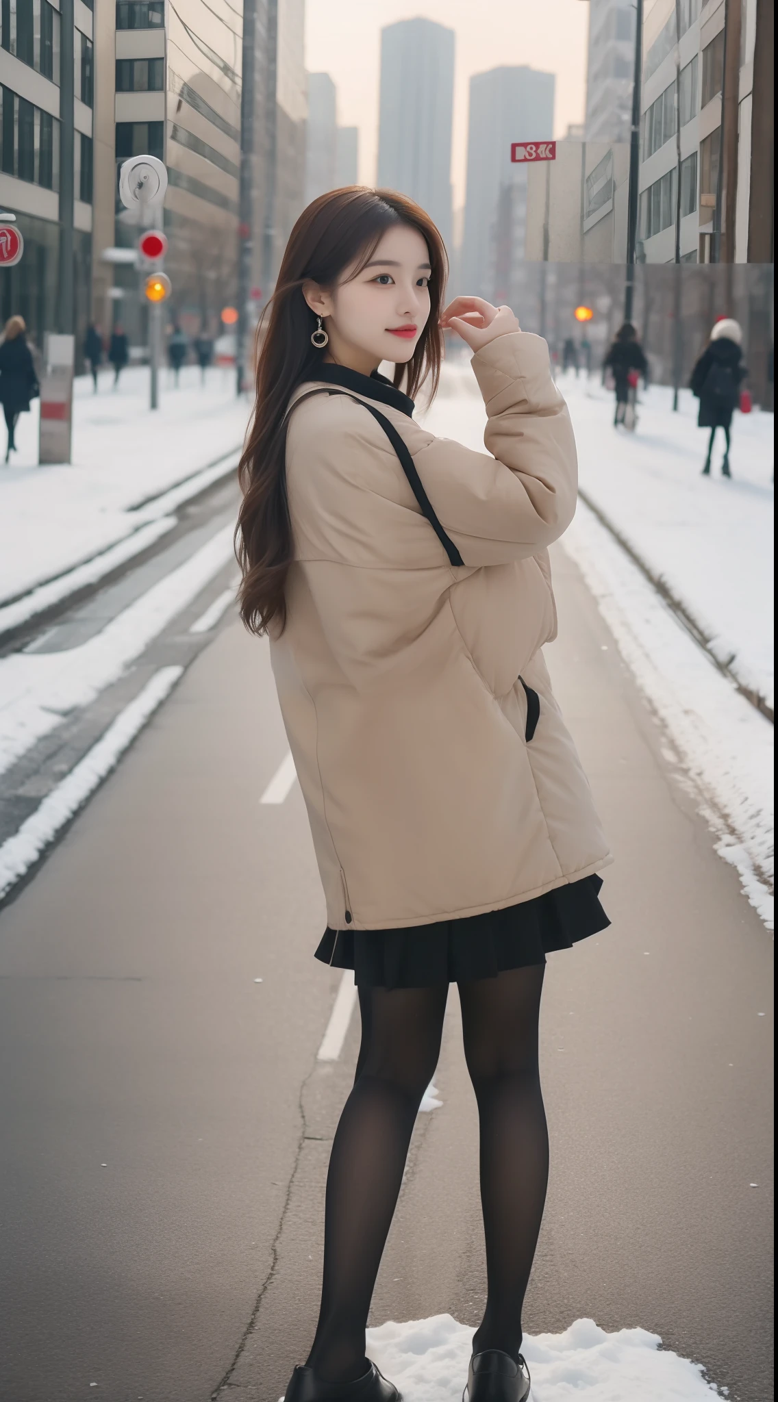 true to life,Photorealistic 1.5,((best qualtiy, 8K, tmasterpiece:1.3)),SLR camera (二重まぶた,largeeyes:1.3),(A Korean female model 1.5),(Full body photo 1.5)(One person 1.5)Clear focus 1.2, Perfect body beauty:1.4 , Delicate skin1.1,(Black wave long hair 1.6),(Fashion watch 1.4),(Pure desire 1.3)(Black pantyhose 1.5)(Leg length 1.2 m 1.5),Slender legs,Slender legs,Bow knot,flightattendantuniform,With earrings,bangle,canvas shoe,Winters,Oyuki,Snowy city streets,Snow and ice