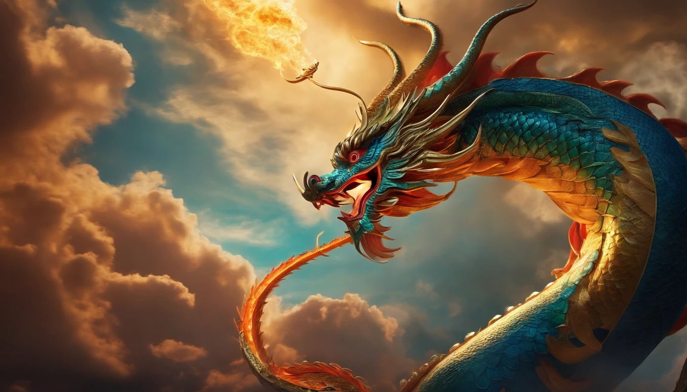 Chinese dragons hovering in the sky,Surrounded by divine light