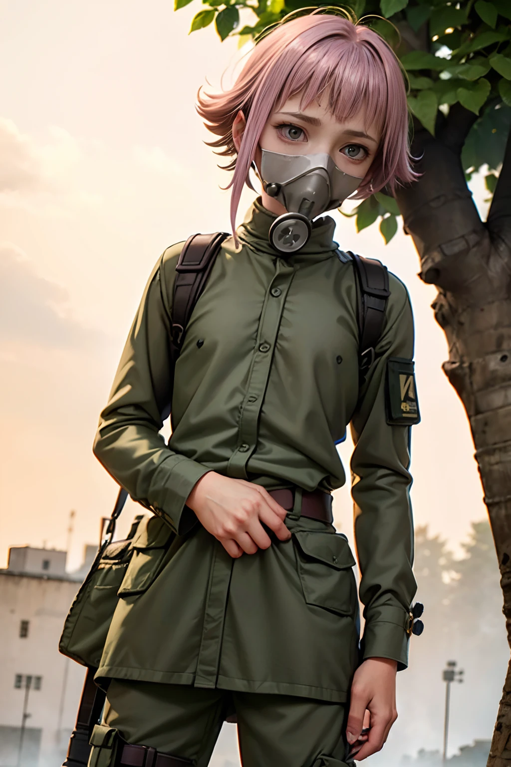 Que tengas ropas militar de soldado de combate y tengo una mascarilla de gas ( and his eyes come out well formed also his face and his hands ( que tenga ropa militar (soldado de combate)2.5D Anime realistic sus (pelos morado) Crona who is who wears a military suit of combat soldier and has a gas mask
