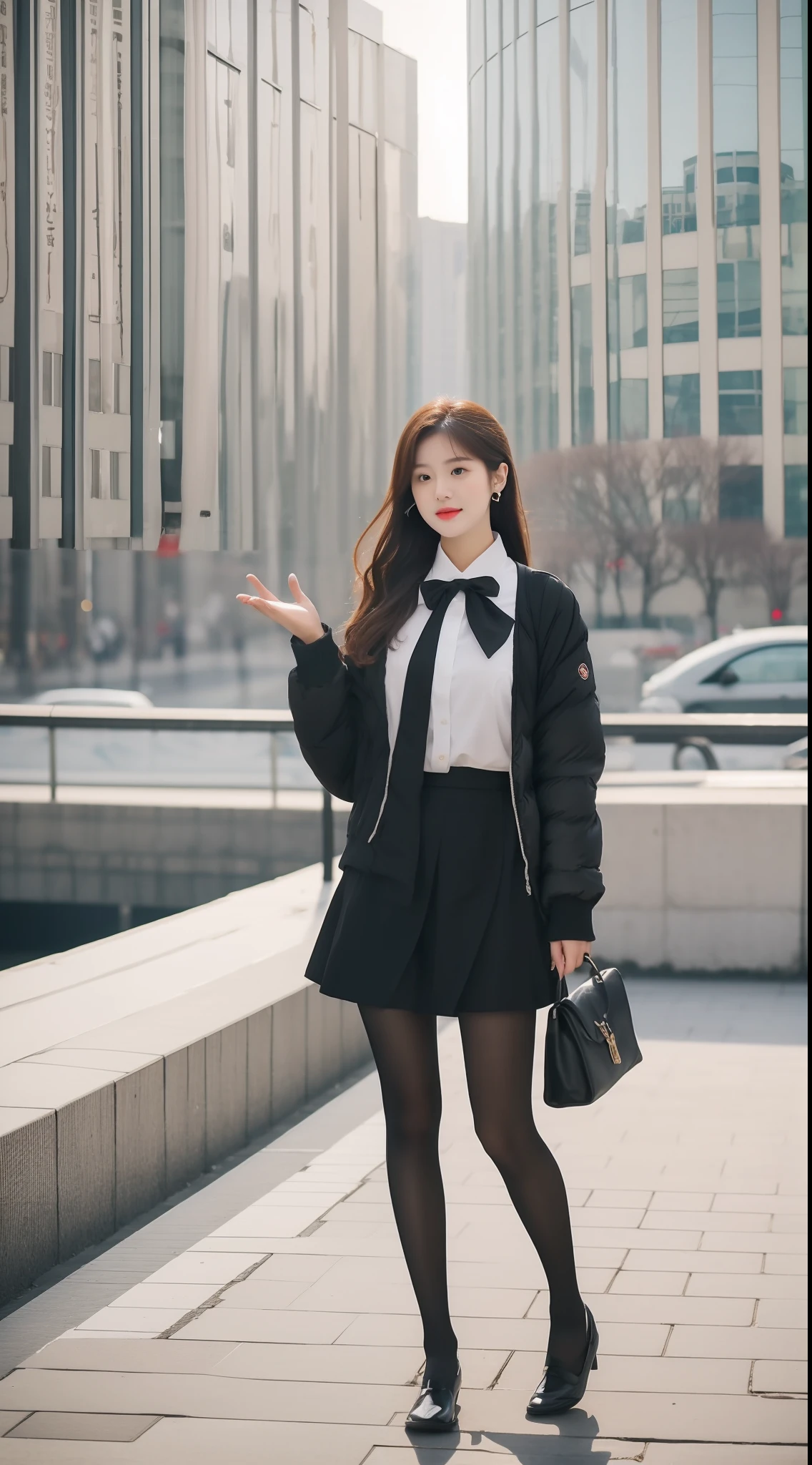 true to life,Photorealistic 1.5,((best qualtiy, 8K, tmasterpiece:1.3)),SLR camera (二重まぶた,largeeyes:1.3),(A Korean female model 1.5),(Full body photo 1.5)(One person 1.5)Clear focus 1.2, Perfect body beauty:1.4 , Delicate skin1.1,(Black wave long hair 1.6),(Fashion watch 1.4),(Pure desire 1.3)(Black pantyhose 1.5)(Leg length 1.2 m 1.5),Slender legs,Slender legs,Bow knot,flightattendantuniform,With earrings,bangle,canvas shoe,Winters,Oyuki,Snow-capped riverside,Snow and ice