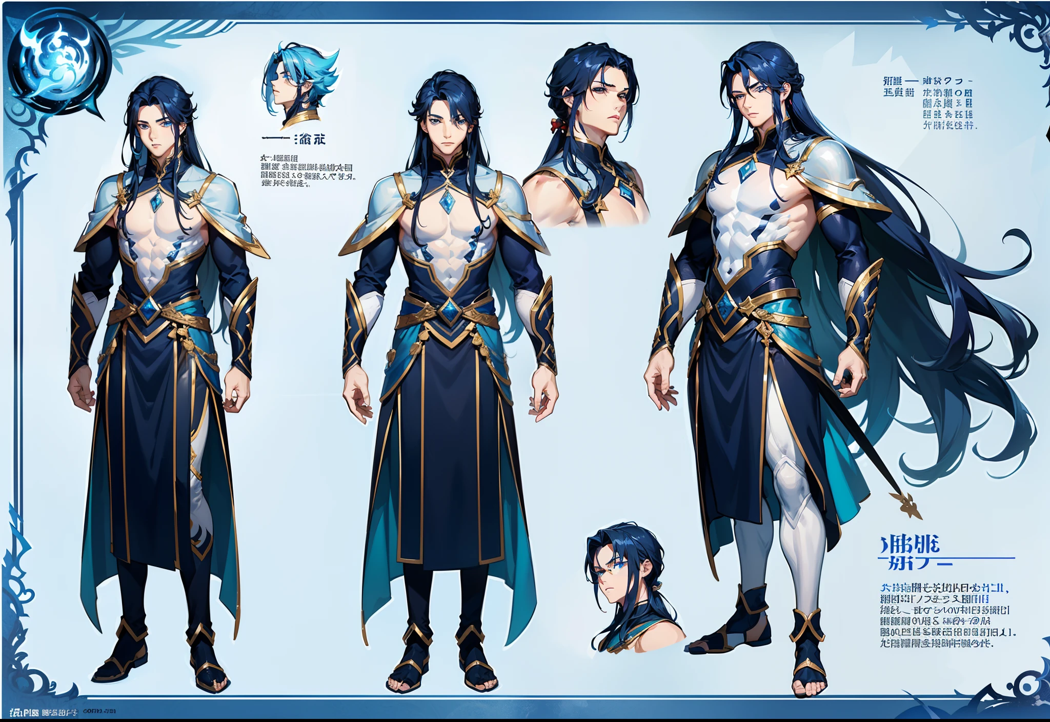 1boy, single, asian boy, reference sheet, character design, front angle, side angle, rear angle, dynamic poses, (masterpiece:1.2), (best quality:1.3), ice fantasy outfit, muscle body, athletic body. (Blue eyes), (long hair), (long bangs), (blue hair), (pale skin),  lean (reference sheet:1.5)