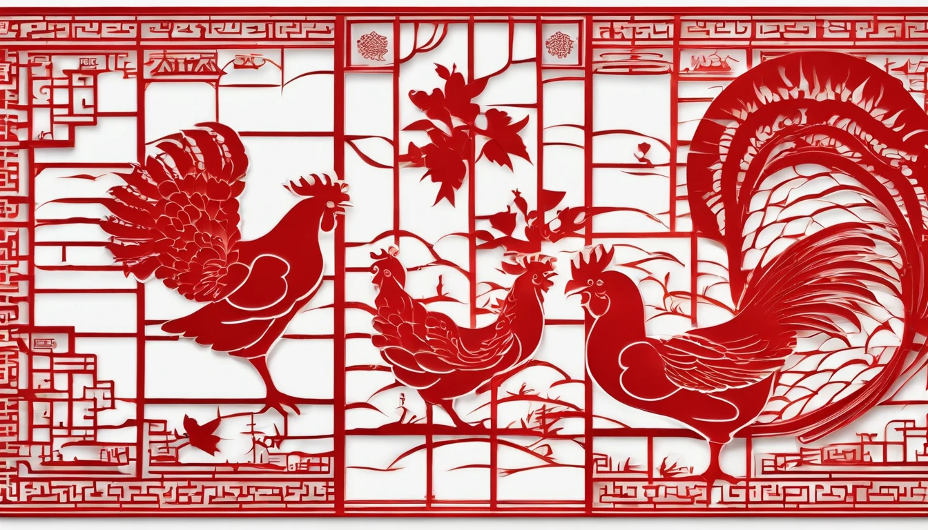 Zodiac chicken,The zodiac chicken is represented by shadow puppets,Windows of ancient China,Plump flowers as a match,Bright frontal light,The color is warm and reddish