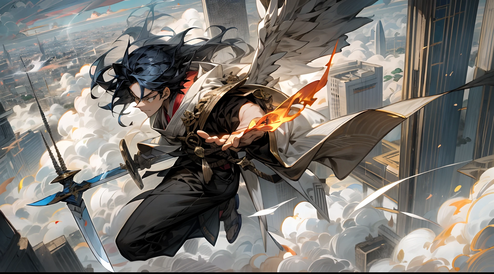 Draw a teenager flying with a sword,Foot on the flying sword,At your feet is a city full of high-rise buildings,The flame rises in the hand,Oriental Junior,In the distance is the blue sky and white clouds,sun shining through clouds