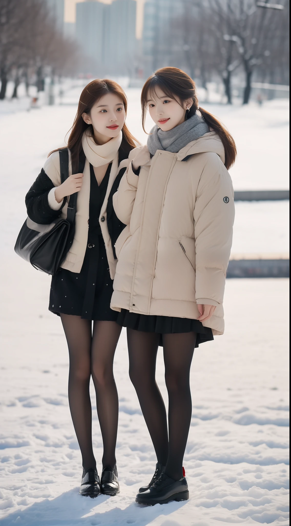 true to life,Photorealistic 1.5,((best qualtiy, 8K, tmasterpiece:1.3)),SLR camera (二重まぶた,largeeyes:1.3),(A Korean female model 1.5),(Full body photo 1.5)(One person 1.5)Clear focus 1.2, Perfect body beauty:1.4 , Delicate skin1.1,(Snow and ice 1.6),(Fashion watch 1.4),(Pure desire 1.3)(Black pantyhose 1.5)(Leg length 1.2 m 1.5),Slender legs,Slender legs,Bow knot,flightattendantuniform,With earrings,bangle,canvas shoe,Winters,Oyuki,Snow-capped riverside,Snow and ice