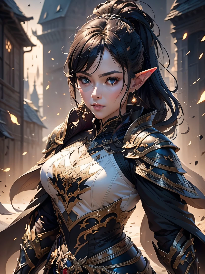 top-quality、ultra-detailliert、Very delicate、lighting like a movie、Unique lighting effects、cowboy  shot、Portrait of beautiful 40 year old female elf、Environments with complex details、ighly detailed、Elegant person、Graceful aura、Elaborate patterns that blend fantasy and modernity、Black cloak of flowing fabric、Richly textured black leather armor and leggings、Delicately carved black plate armor、Bustling medieval cityscape and castle in the background、Mystical atmosphere filled with magical elements、Dynamic lighting with vibrant colors、Detailed background depiction、Deep sense of depth、Depth and mood、A dark-haired、tall、a small face、well-proportioned figure、Hairstyle Ponytail、Seductive blue eyes、Sharp eyes、hyperdetailed face、A detailed eye、Detailed hand depiction、Detailed foot depiction、Dynamic action