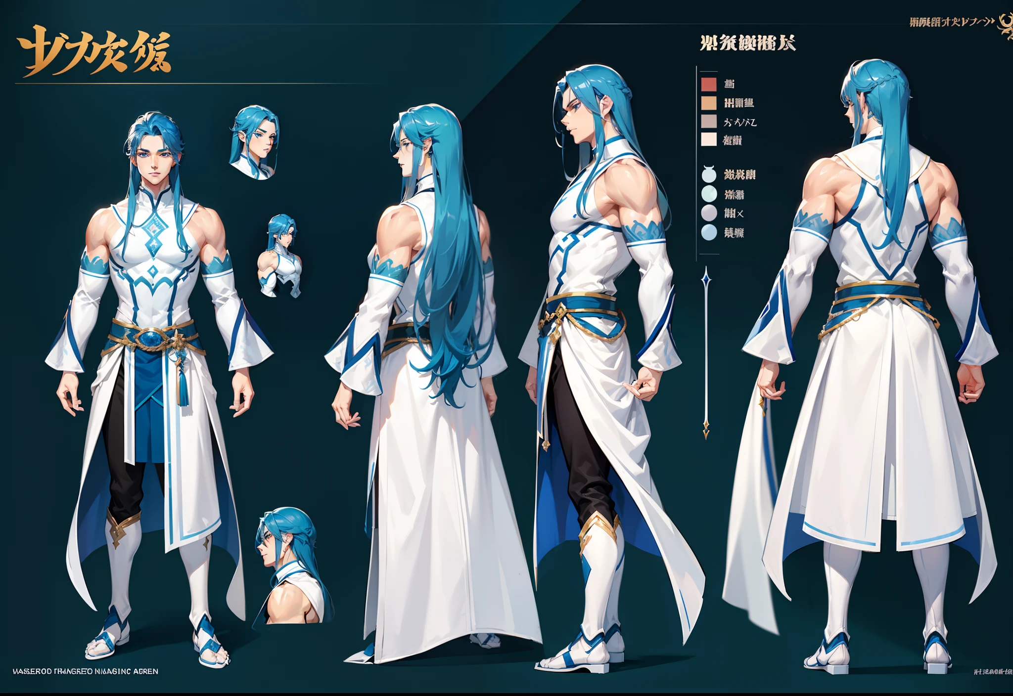1boy, single, asian boy, reference sheet, character design, front angle, side angle, rear angle, dynamic poses, (masterpiece:1.2), (best quality:1.3), ice fantasy outfit, muscle body, athletic body. (Blue eyes), (long hair), (long bangs), (blue hair), (pale skin), lean (reference sheet:1.5)