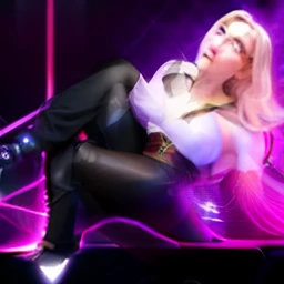 Uma mulher alta, esbelta e musculosa. Cabelos longos,lisos e pretos. The woman is levitating as a purple golden glows around her. His eyes glow purple and his hand exudes energy. The woman wears a superhero outfit