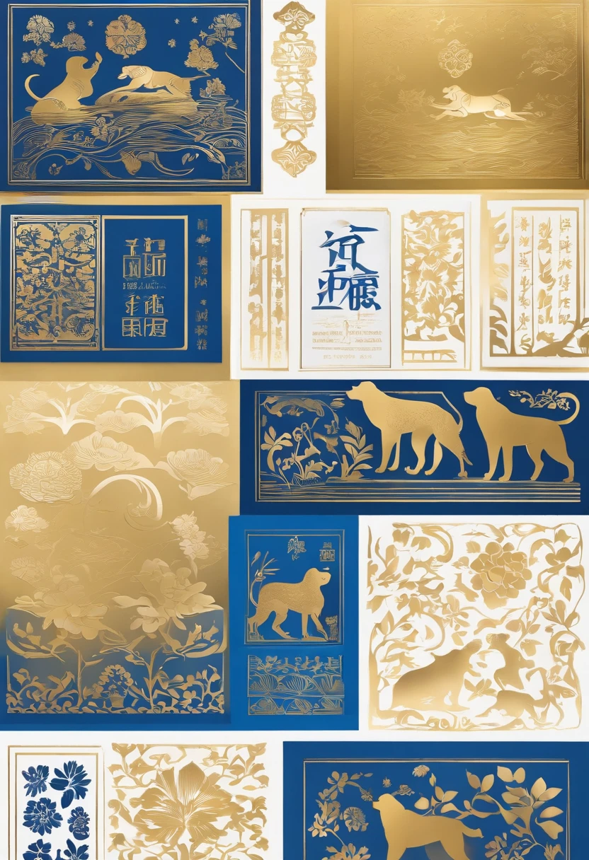 Paper Cuttings style,The Year of the Dog,Golden, blue, white,، simple,Commercial posters,delight