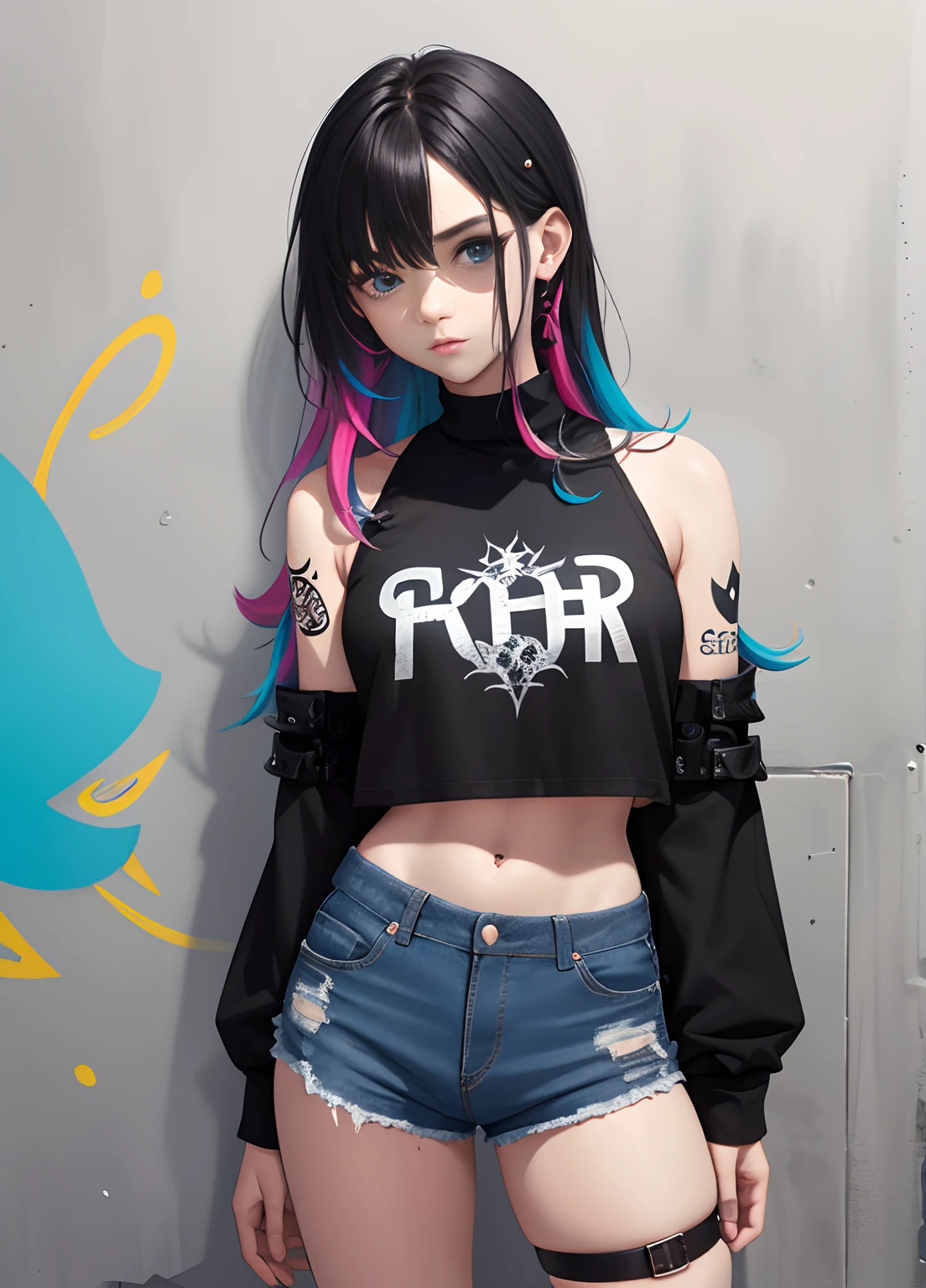 obra-prima, melhor qualidade, 1girl, solo, crop top, shorts jeans, gargantilha, (graffiti: 1.5), respingo de tinta, arms behind back, contra a parede, olhando para o espectador, clamp, thigh strap, pintura no corpo, head tilt, entediado, cabelo multicolorido, aqua eyes, fone de ouvido, A tattoo inspiring power and sensitivity, related to law of attraction, suitable for men, something uncommon, black and white that would fit a full-sleve arm