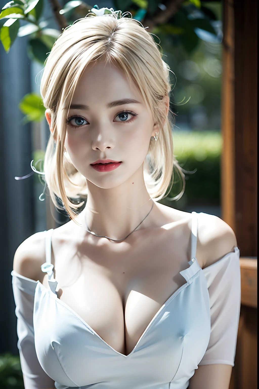 22-year-old woman、(hi-top fade:1.3)、length hair、Blue eyes、Dark theme、Soothing tones、Subdued Color、highly contrast、Colossal tits、(cleavage of the breast)、Off-the-shoulder see-through dresses、The upper part of the body、(natural skin textures、Hyper-Realism、Soft light、sharp)、(a blond)、appearance々Background、Alice in Wonderland