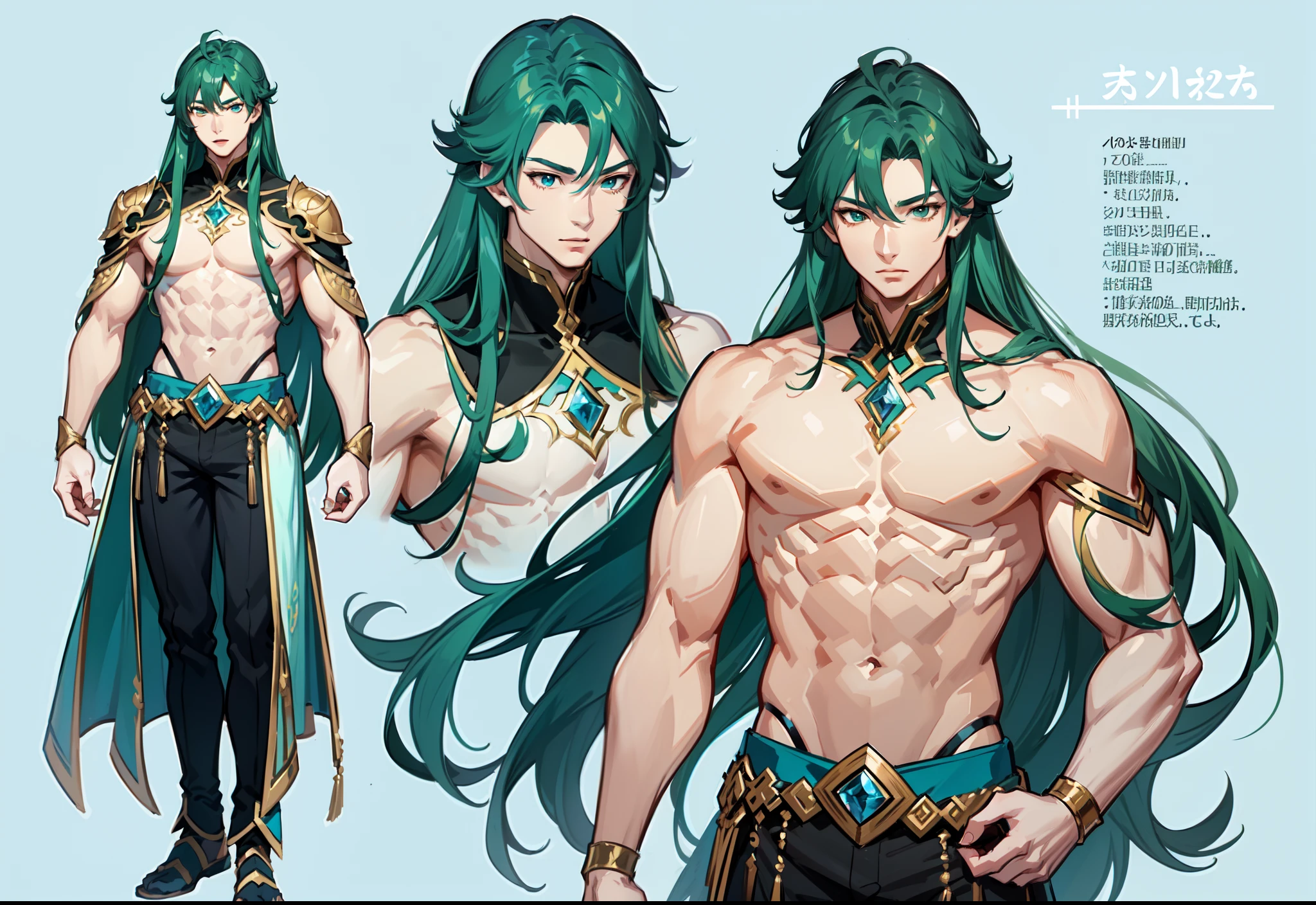 1boy, single, asian boy, reference sheet, oerfect face, hansome face, character design, front angle, side angle, rear angle, dynamic poses, (masterpiece:1.2), (best quality:1.3), ice fantasy outfit, muscle body, athletic body. (Purple eyes), (long hair), (long bangs), (black  hair), (pale skin),  lean (reference sheet:1.5), no text, no symbol, no frame, giant this guy, looking at viewer, smile, male focus, muscular, pectorals, muscular male,