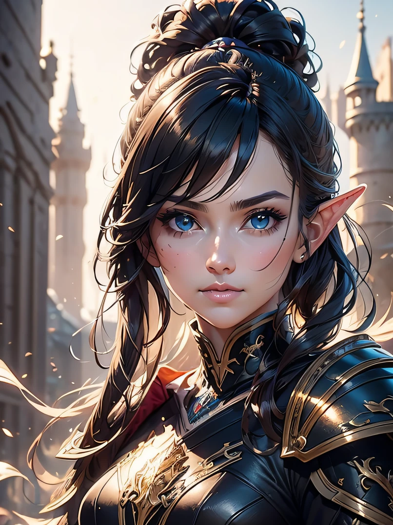 top-quality、ultra-detailliert、Very delicate、lighting like a movie、Unique lighting effects、cowboy shot、Portrait of beautiful 40 year old female elf、Environments with complex details、ighly detailed、Elegant person、Graceful aura、Elaborate patterns that blend fantasy and modernity、Black cloak of flowing fabric、Richly textured black leather armor and leggings、Delicately carved black plate armor、Bustling medieval cityscape and castle in the background、Mystical atmosphere filled with magical elements、Dynamic lighting with vibrant colors、Detailed background depiction、Deep sense of depth、Depth and mood、A dark-haired、tall、a small face、well-proportioned figure、Hairstyle Ponytail、Seductive blue eyes、Sharp eyes、hyperdetailed face、A detailed eye、Detailed hand depiction、Detailed foot depiction、Dynamic action