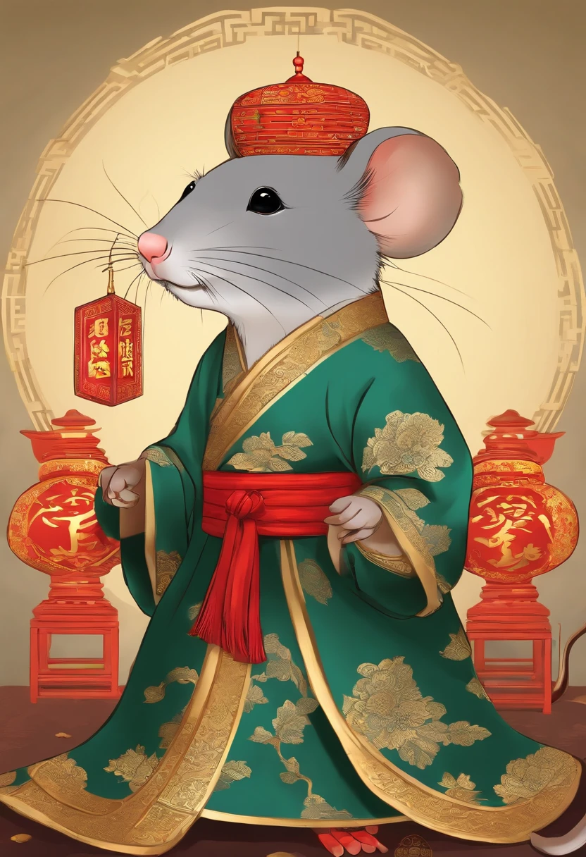 The rat wears a traditional Chinese costume and has the feeling of a New Year traditional image