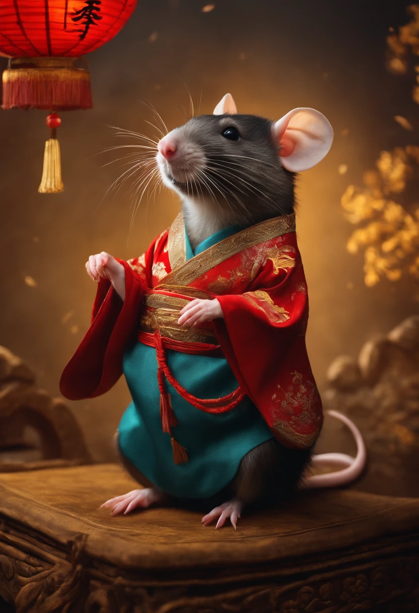 The rat wears a traditional Chinese costume and has the feeling of a New Year traditional image