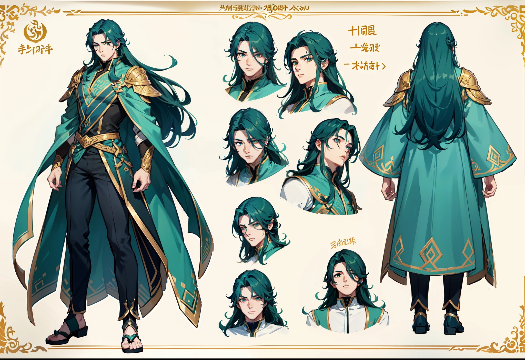1boy, single, asian boy, reference sheet, character design, front angle, side angle, rear angle, dynamic poses, (masterpiece:1.2), (best quality:1.3), ice fantasy outfit, muscle body, athletic body. (Green eyes), (long hair), (long bangs), (green hair), (pale skin), (reference sheet:1.5)