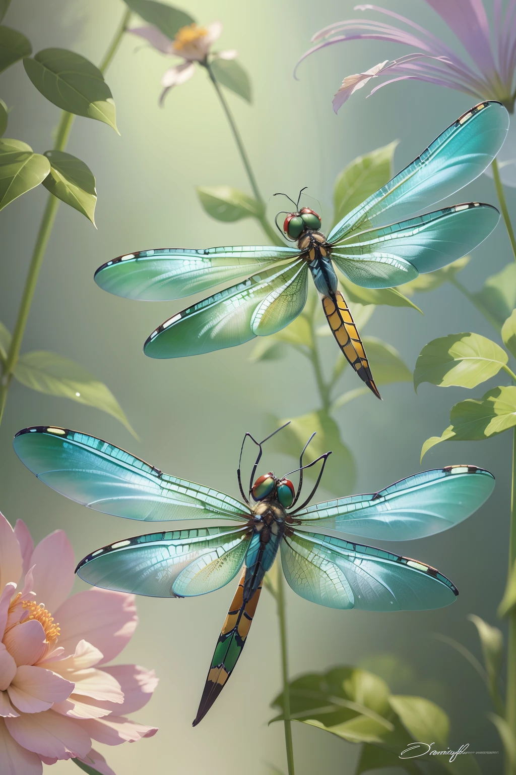 there are two dragonflies that are sitting on some flowers, winged insects and stems, dragonflies, big leaves and large dragonflies, inspired by Fernand Verhaegen, mystical insects, translucent wings, gossamer wings, in style of digital painting, dragonfly-shaped, exquisite and handsome wings, insects and birds, artistic 4 k, (((dragonfly))), dragonfly