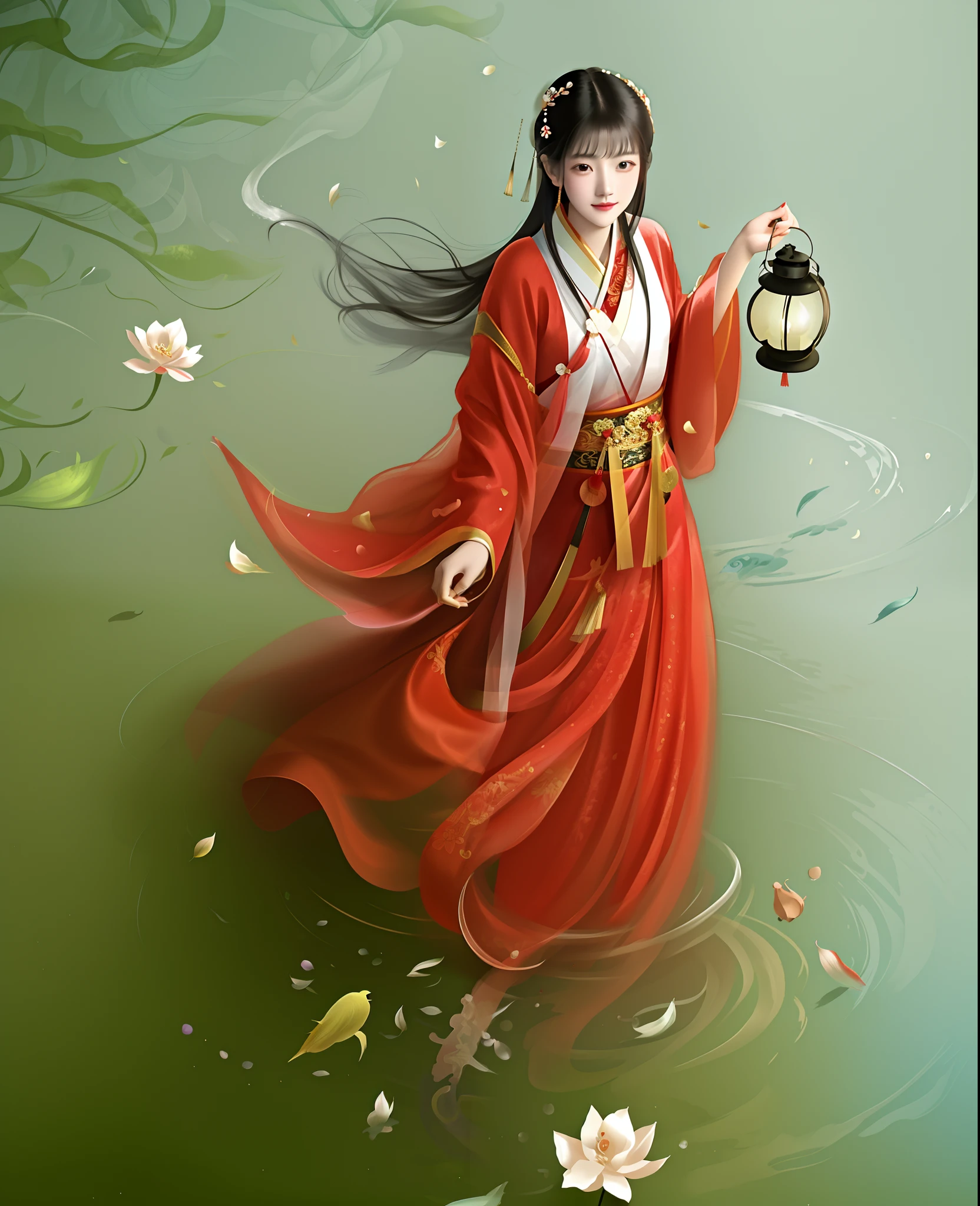 Painting a woman in a red dress holding a lantern in a pool, A beautiful artwork illustration, by Yang J, Beautiful digital artwork, By Li Song, an ancient Chinese goddess, inspired by Ju Lian, author:Julian, Princesa chinesa antiga, Palace , A girl in Hanfu, Asian Woman Water Elemental, ancient china art style, Beautiful character painting