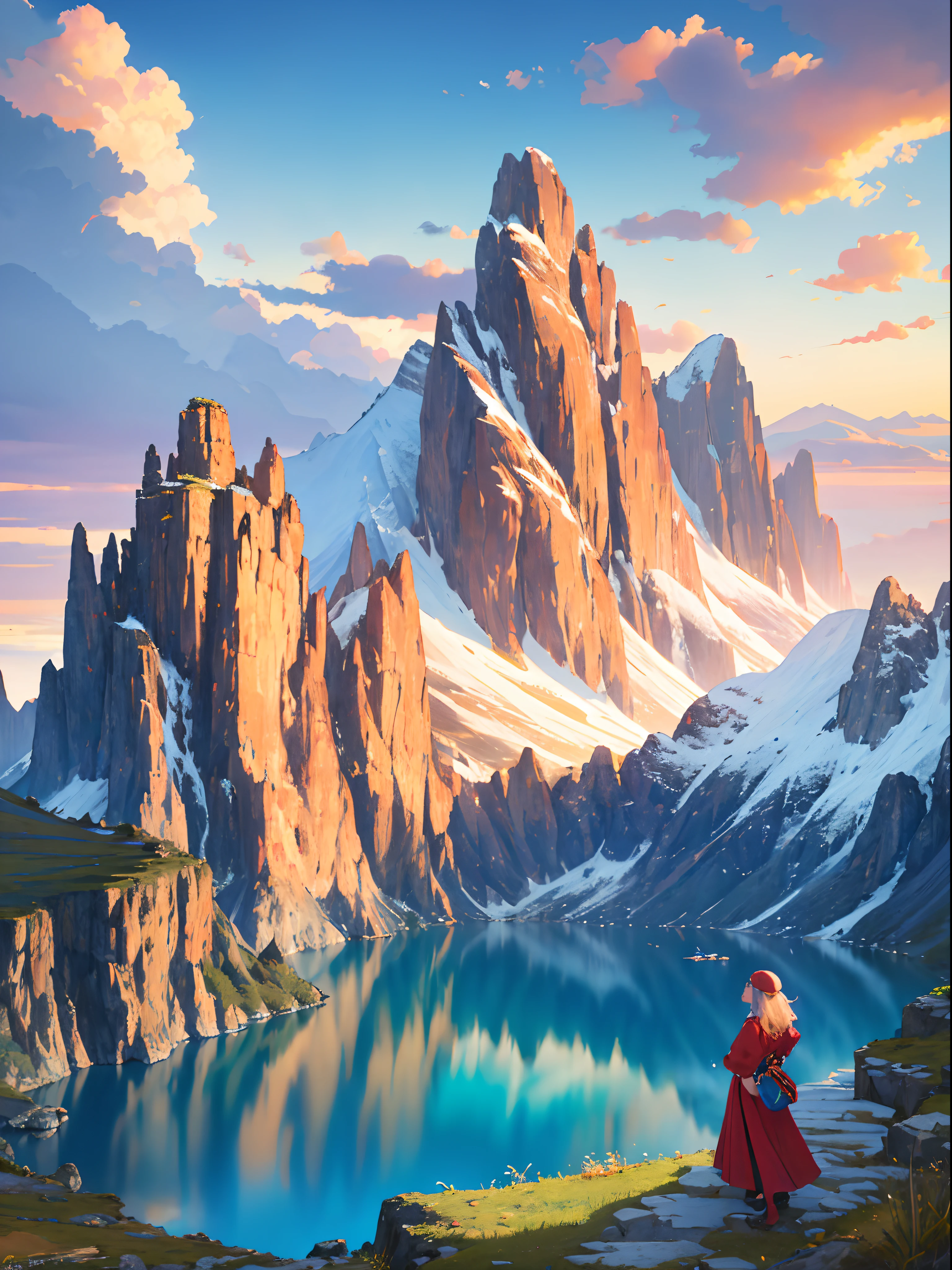 a mountain lake with a sunset mountain range in the background, woman with dress walking back in the stone way, beautiful art uhd 4 k, 4 k hd wallpaper very detailed, extraordinary colorful landscape, 4k highly detailed digital art, landscape wallpaper, scenic colorful environment, fantastic landscape, 8k high quality detailed art, majestic nature scenery, detailed painting 4 k, epic beautiful landscape, natural landscape beauty