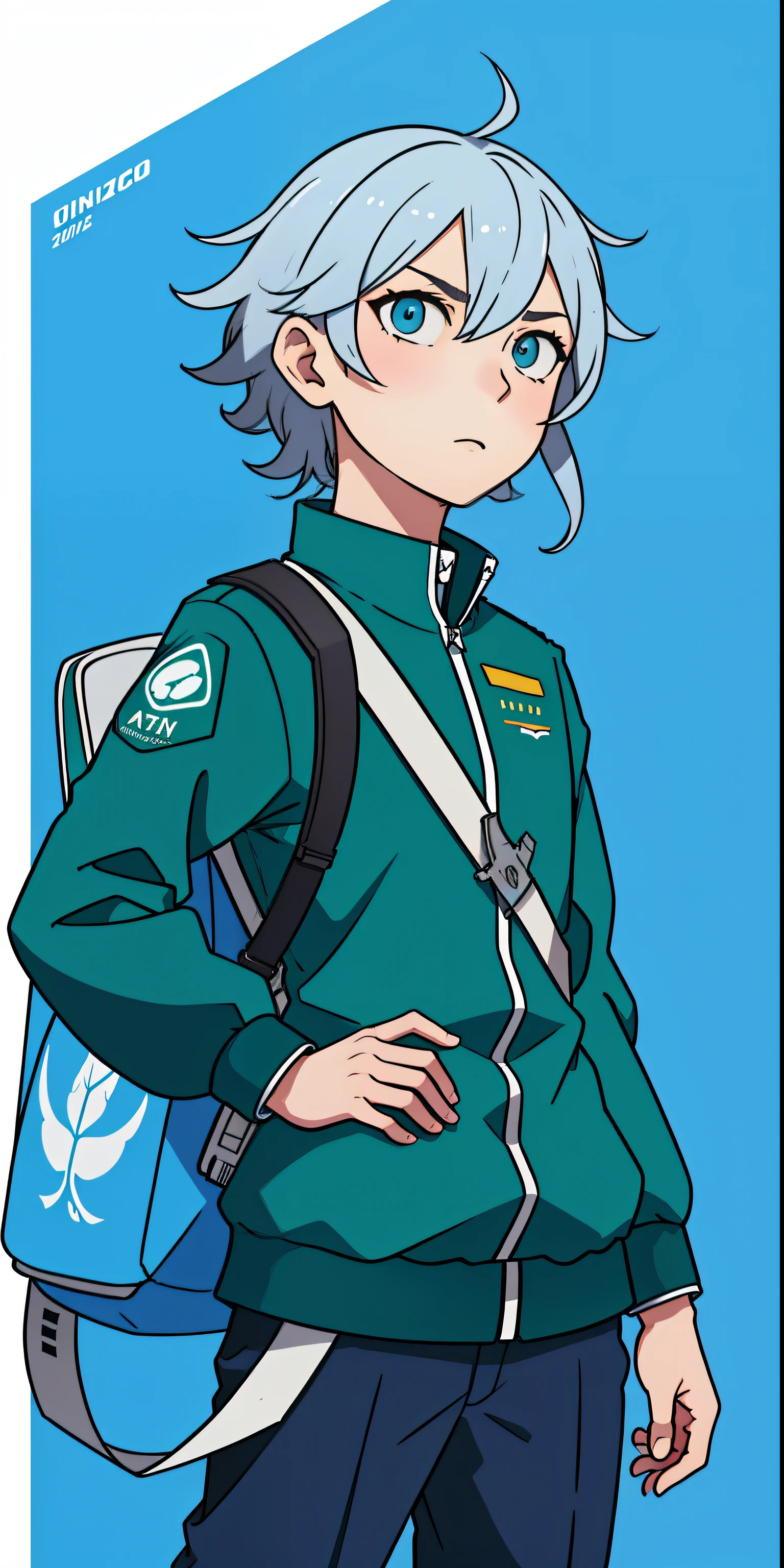 Chico anime con uniforme verde con ojos azules y una mochila, con una espada en la mano derecha, Arte oficial del personaje, Chico alto de anime con ojos azules, Traje de soldado, Nagito Komaeda, con uniforme de soldado, Guweiz, Personaje masculino de anime, Arte detallado del personaje de anime, shigenori soejima illustration, ( ( Arte conceptual del personaje ) ), De Girls Frontline, official illustration of the character