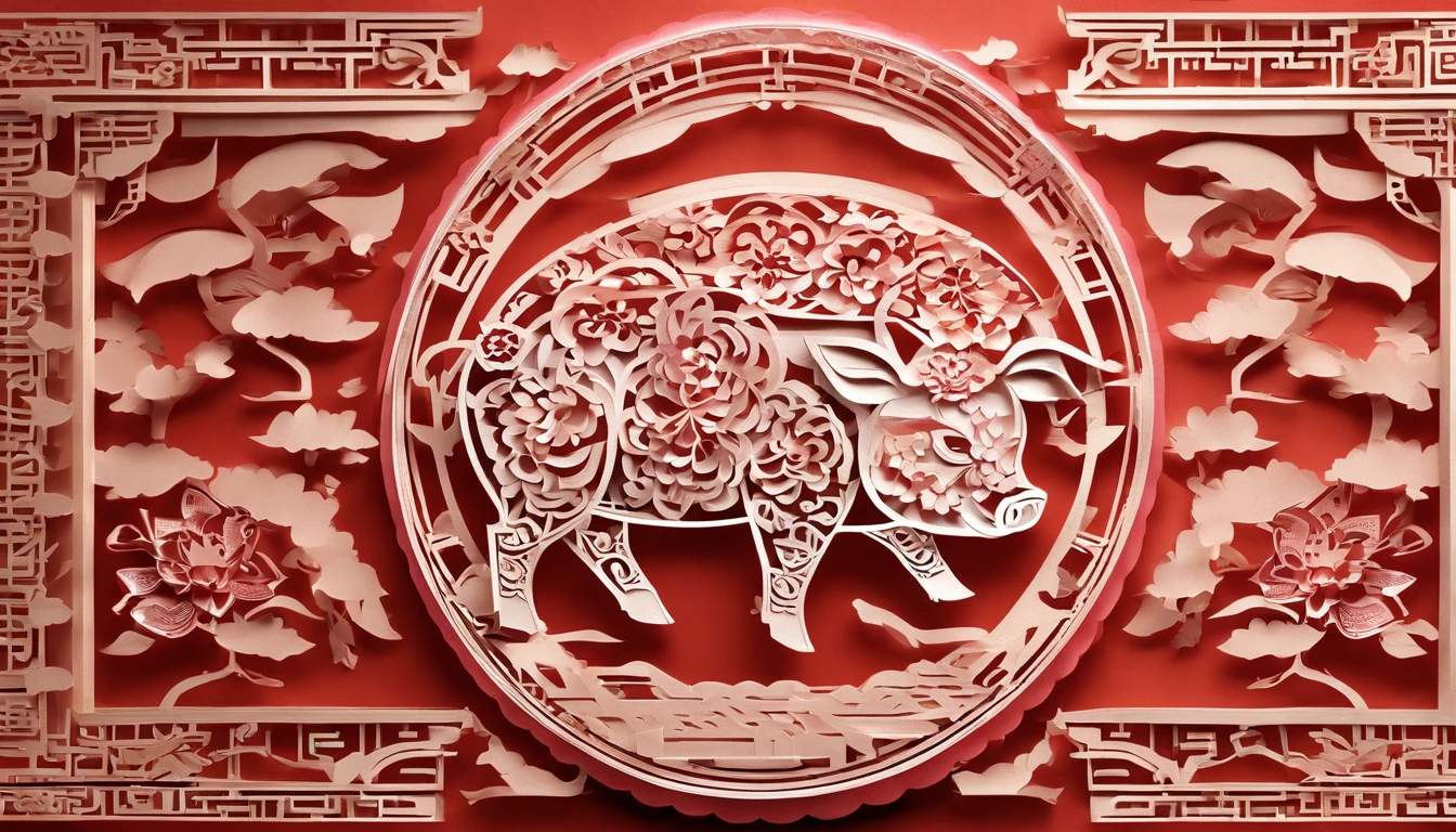 Zodiac pig，The zodiac pig is represented by shadow puppets，Windows of ancient China，Plump flowers as a match，Bright frontal light，The color is warm and reddish