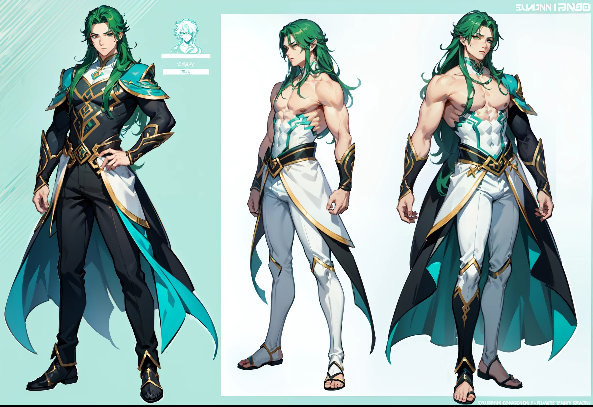 1boy, single, asian boy, reference sheet, character design, front angle, side angle, rear angle, dynamic poses, (masterpiece:1.2), (best quality:1.3), ice fantasy outfit, muscle body, athletic body. (Green eyes), (long hair), (long bangs), (green hair), (pale skin), (reference sheet:1.5)