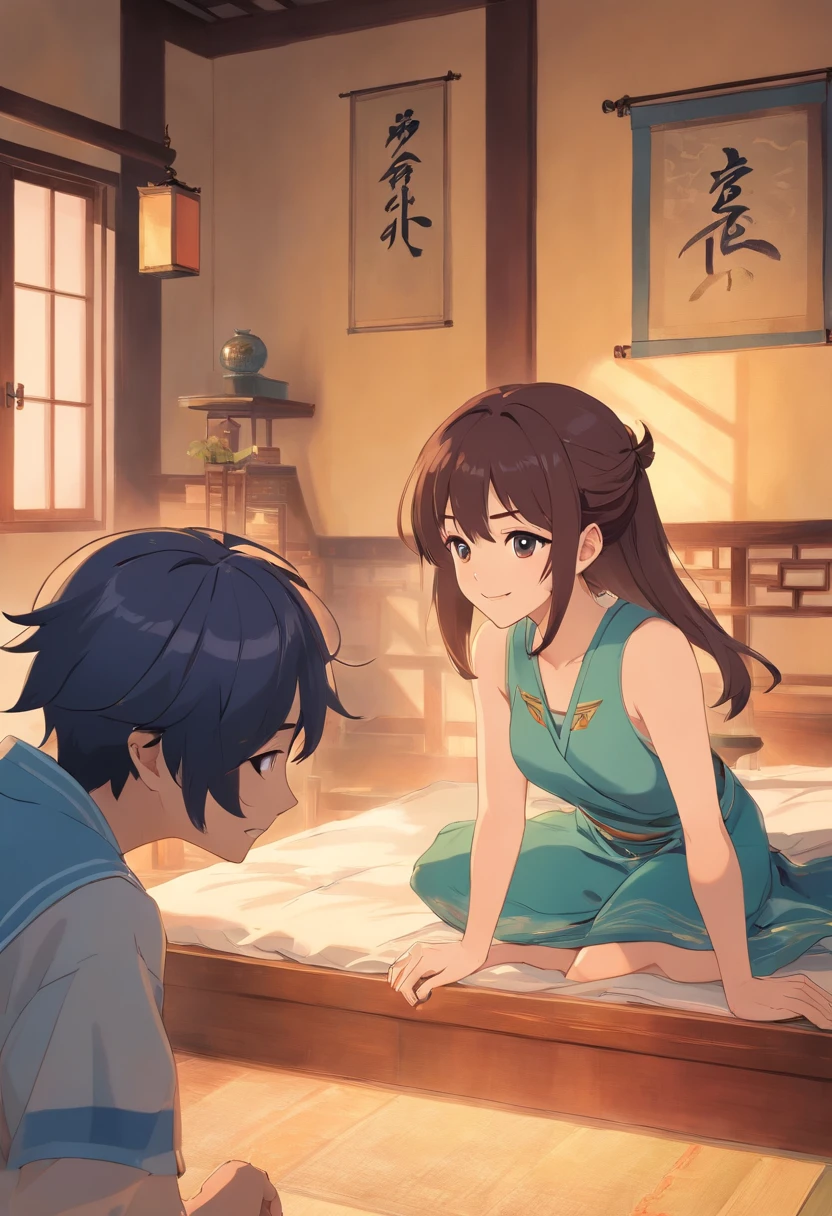 There was a man and woman smiling in the bedroom, Chinese Ming Dynasty, highlight scene of the movie, screenshots from movies, live-action naked movie scenes, still frame from a movie, vhs screencap, Still from the movie, Ruan Jia and Fenghua Zhong, Scene from Movie, in style of pan ren wei