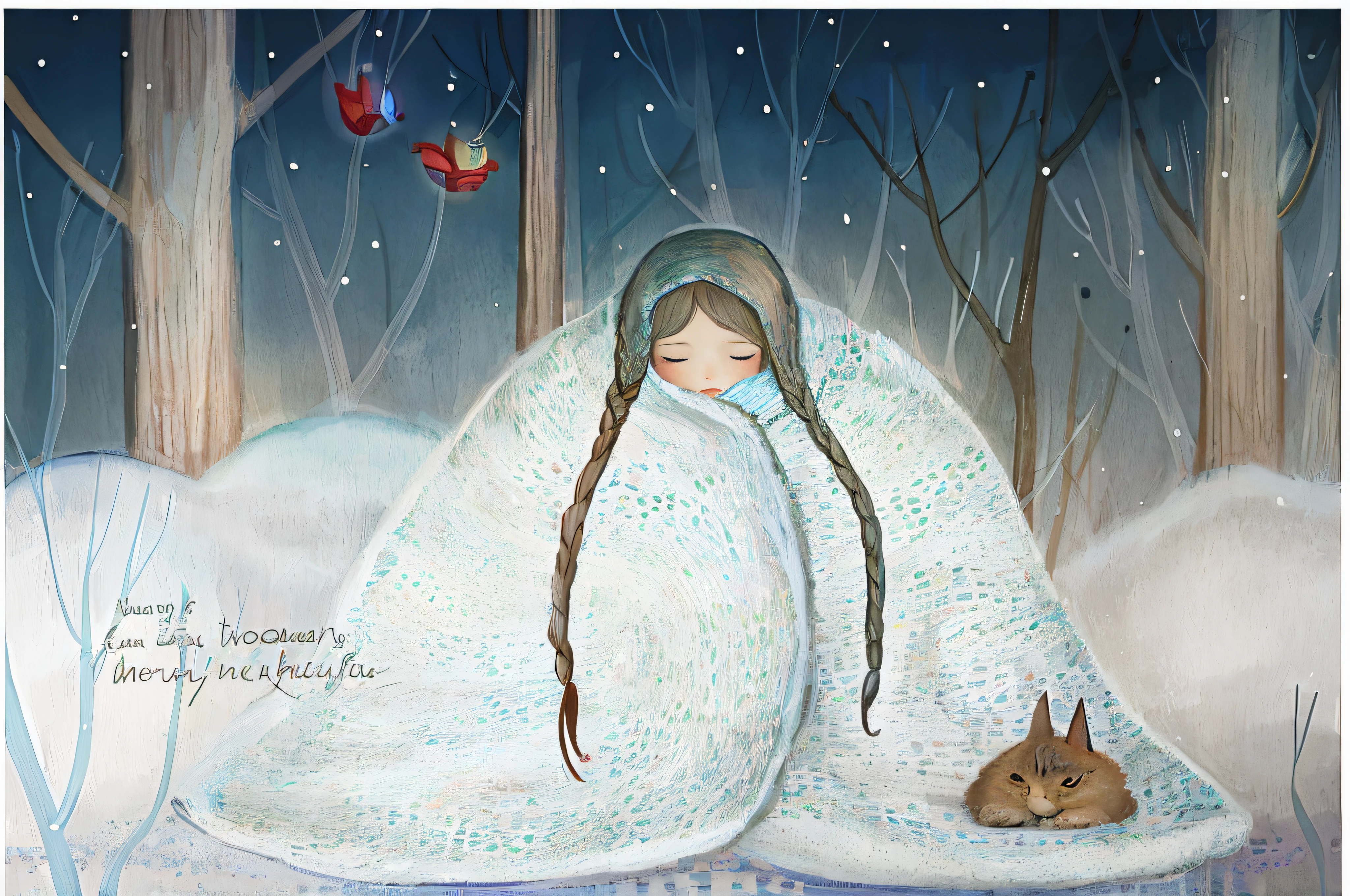 (a woman wrapped in a blanket,warm and cozy:1.2),a cat,a bird,(whimsical:1.2) style illustration,exquisite illustration,a beautiful art piece illustration,illustration,dreamy illustration,adorable story book illustration,Jane Newlan,author: Noi Canjura,storybook illustration,vibrant colors,soft lighting