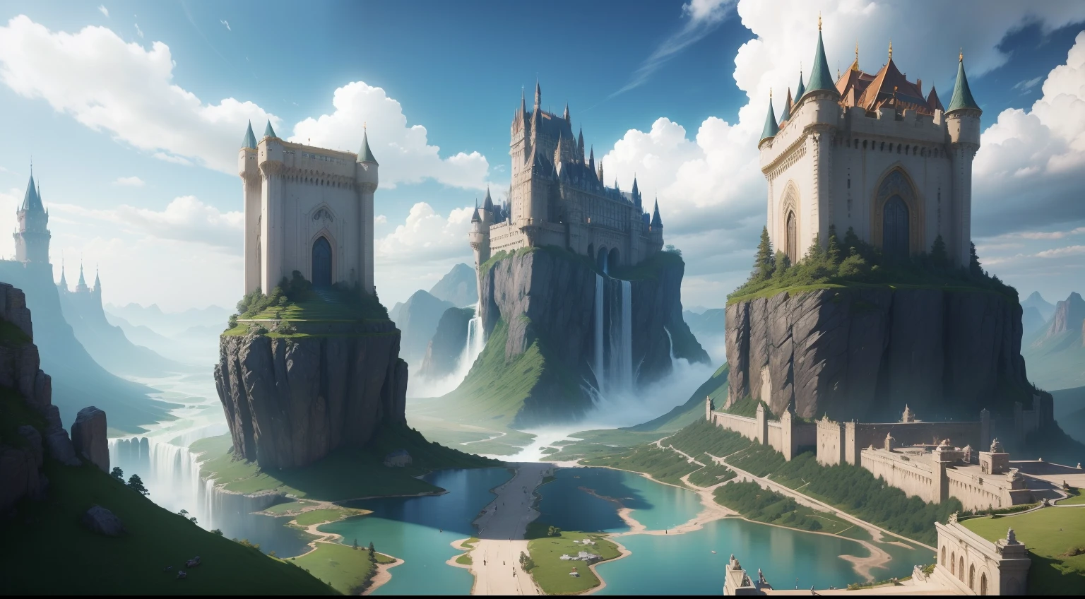 Huge castles and skyscrapers, soaring in the sky Cyberpunk Isekai Fantasy Highest Quality Ultra-High Resolution Utopia 8K Giant Waterfall Mother Nature