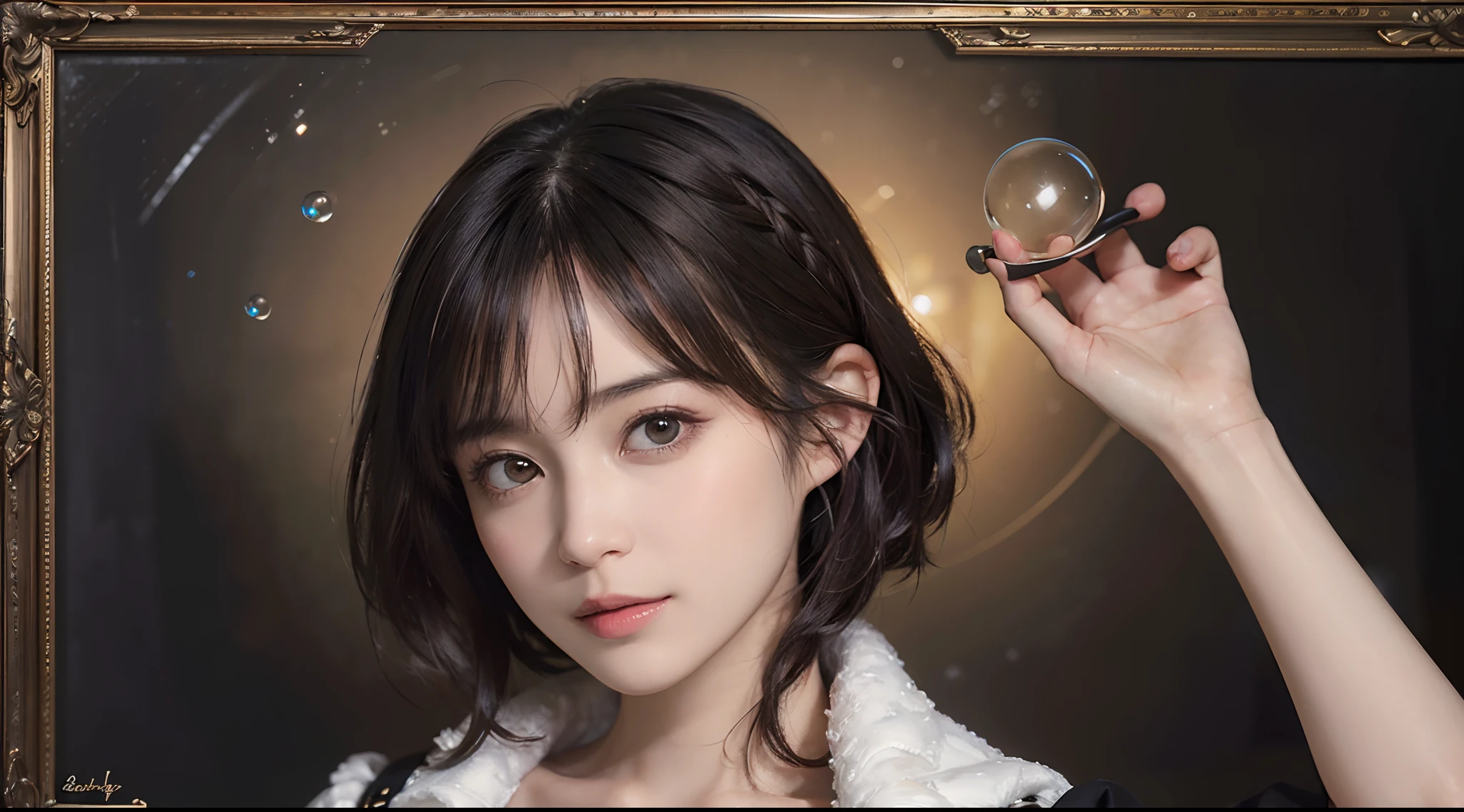 (masutepiece:1.3), (8K picture quality), Photorealsitic, Raw photo, (Best Quality: 1.4), (1womanl), Pretty Face, (Realistic face), (A dark-haired, Short hair:1.3), Beautiful hairstyle, ((boobgasm)), Ultra-high definition resolution, the golden ratio, , depth of fields, Filming a movie, A slight smil, Soap bubbles, Oil Painting, Rembrandt, Light and Darkness, ((Contrasty))