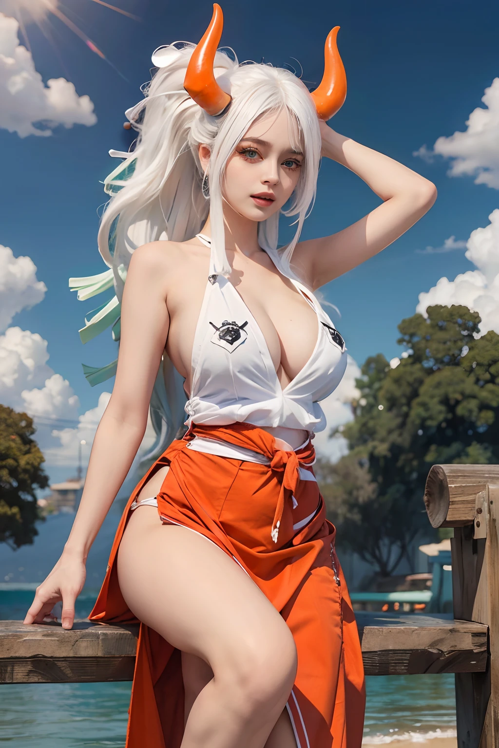 Big boobs,white hair,orange ayes,Hyper realistic, Ultra detail