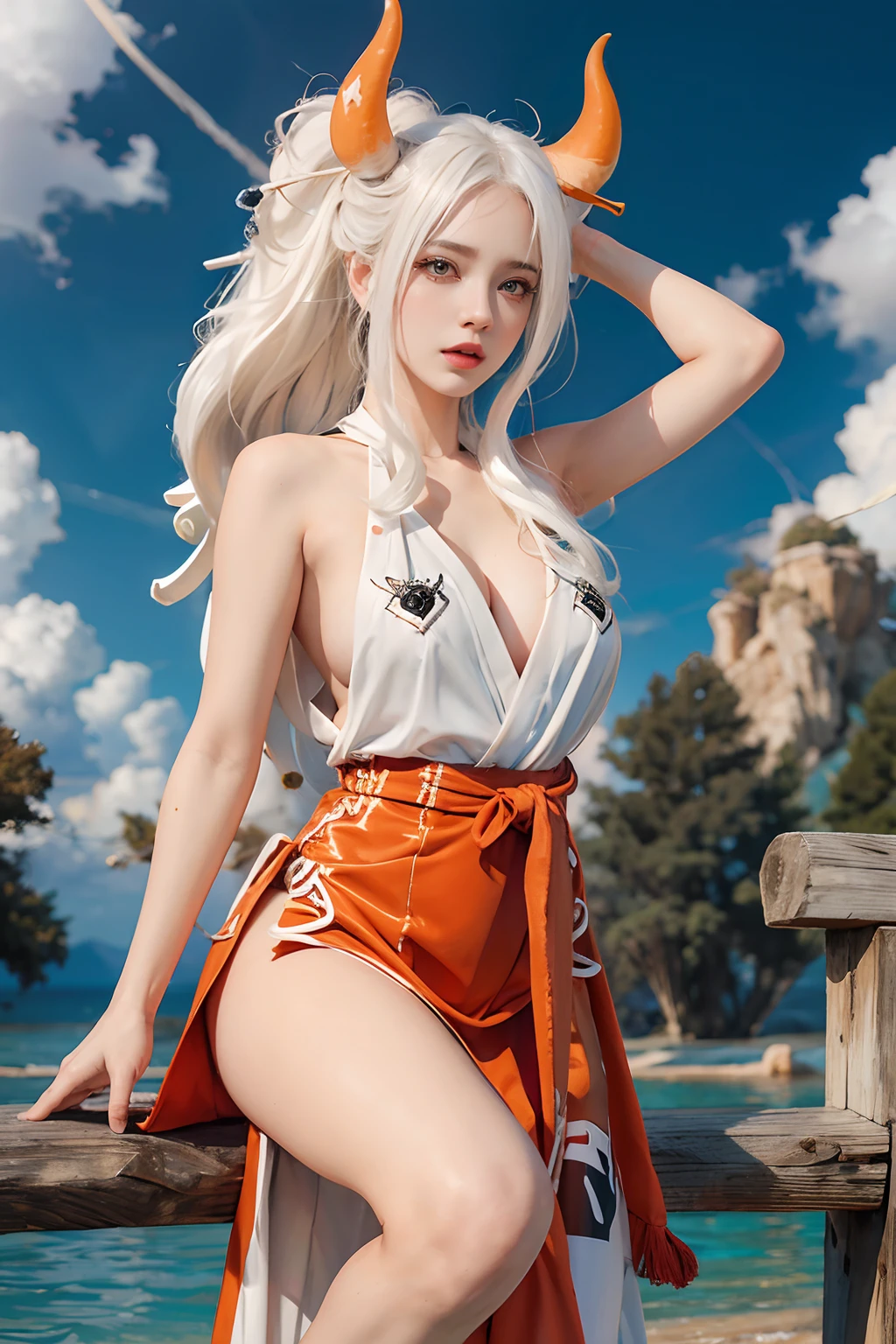 Big boobs,white hair,orange ayes,Hyper realistic, Ultra detail