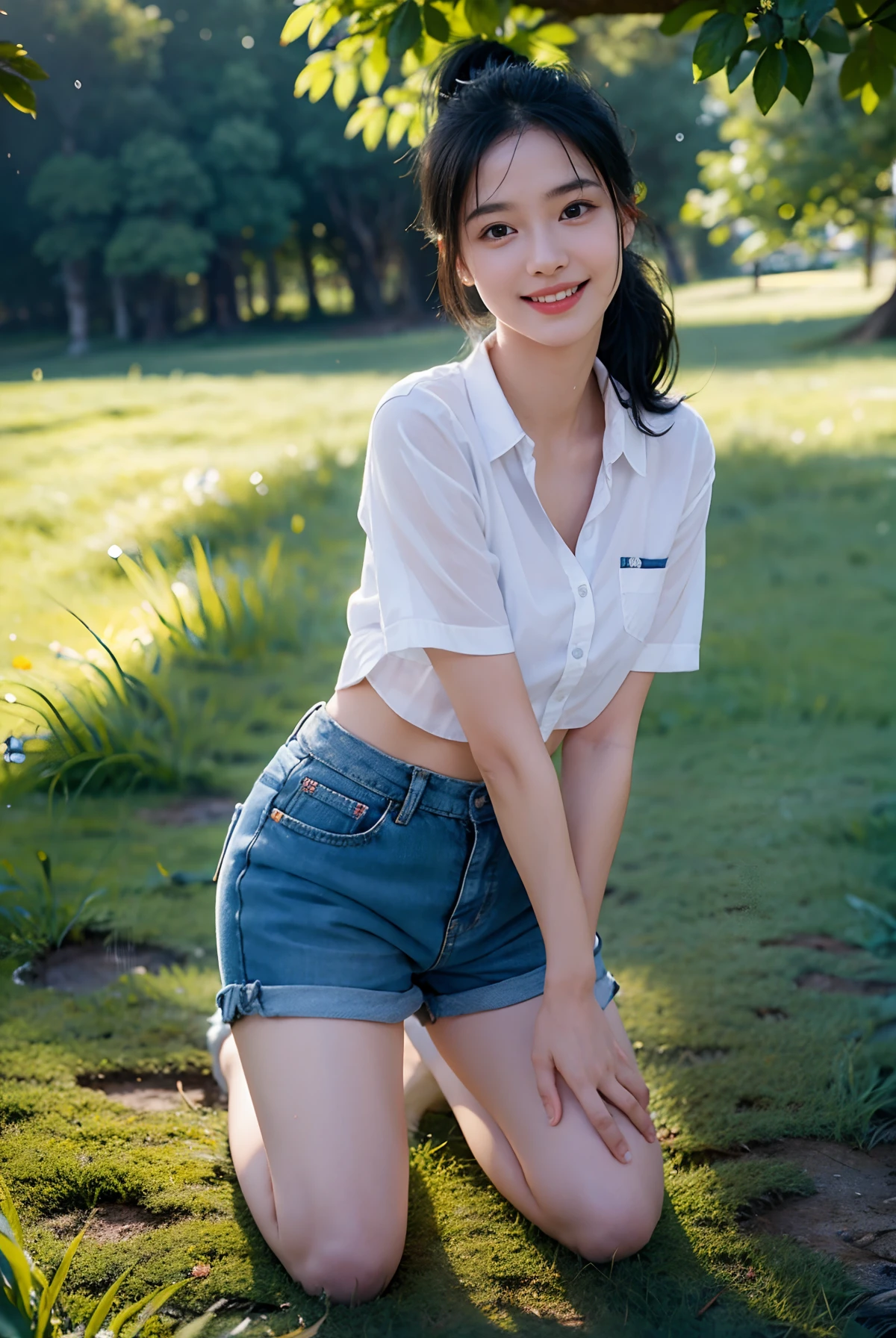A girl, kneeling on the meadow ground earth, ((full body visible)), 
She is a beautiful, pretty, adorable, cute, young.
She is slim, slender, petite, skinny, (flat chest), (tiny boobs), (small breasts).
She is sweating, wet, soaked. Clothes transparent, sweat on skin, wet hair.
She is grinning, smiling. She looks natural, relaxed, unpretentious.
She stares, looking at viewer.
She has a black ponytail.
She wears school uniform, a rolled-up white shirt with blue collar, a colored Corduroy sport bra under shirt, blue shorts, wearing two layers. 
Camera focused on her face, light on face, very large aperture, ((f/1.2)), shallow depth-of-field, strong background lens blur,  ISO 3000, auto white balance, 
Extremely detailed, professional lighting, soft light, raw photo, fashion model for uniqlo,
best quality, masterpiece, award-winning photography, huge filesize, 8k, highres,, jungle
shot on Sony DSLR. Happy smile, in bed, grass, nature, first