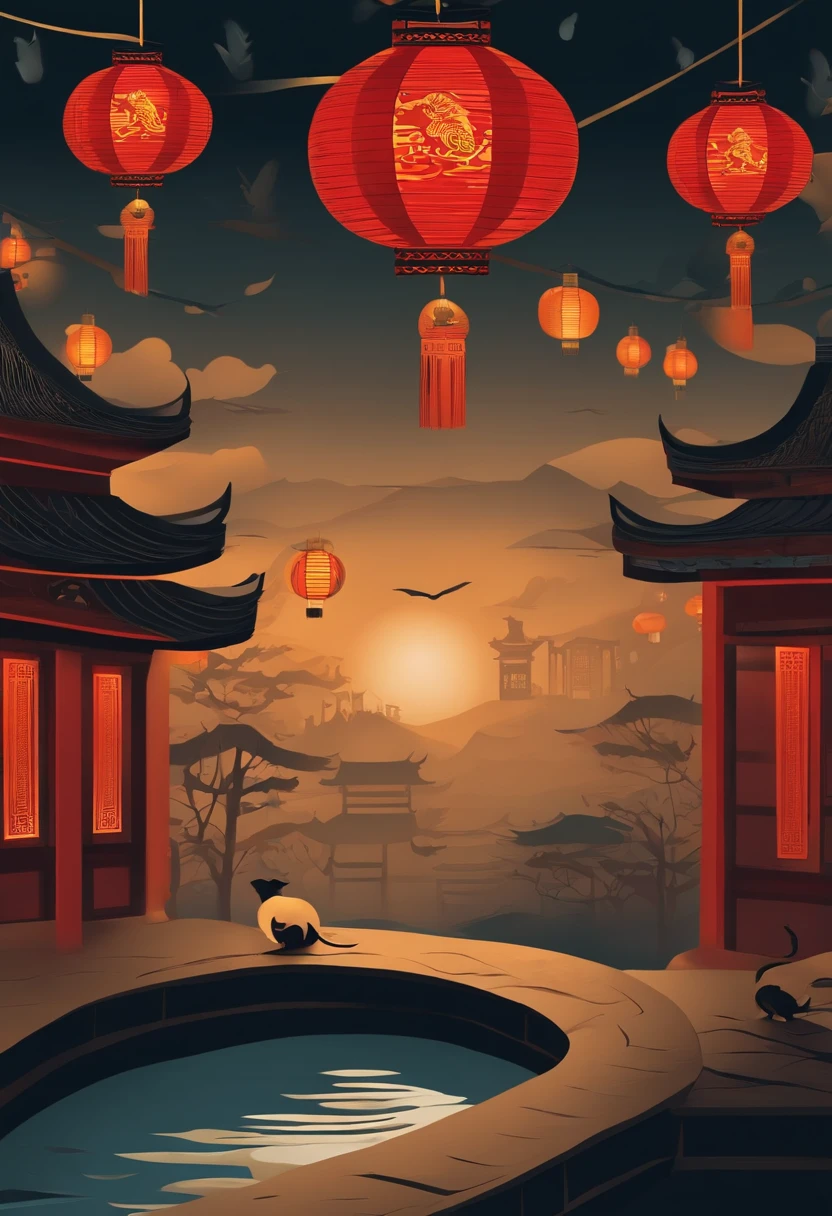 Paper cut style,In the pattern style of oriental style,Zodiac rats,On the streets of ancient China,The background has lanterns full of festive atmosphere