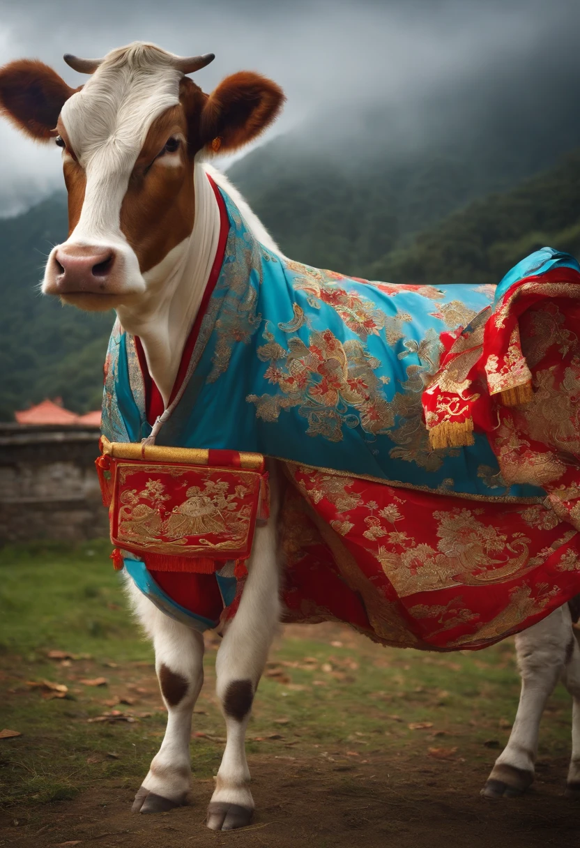 The cow wears Chinese clothing and has the feeling of the New Year