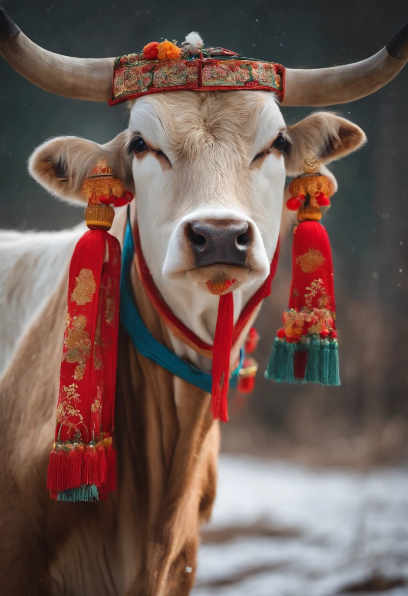 The cow wears Chinese clothing and has the feeling of the New Year