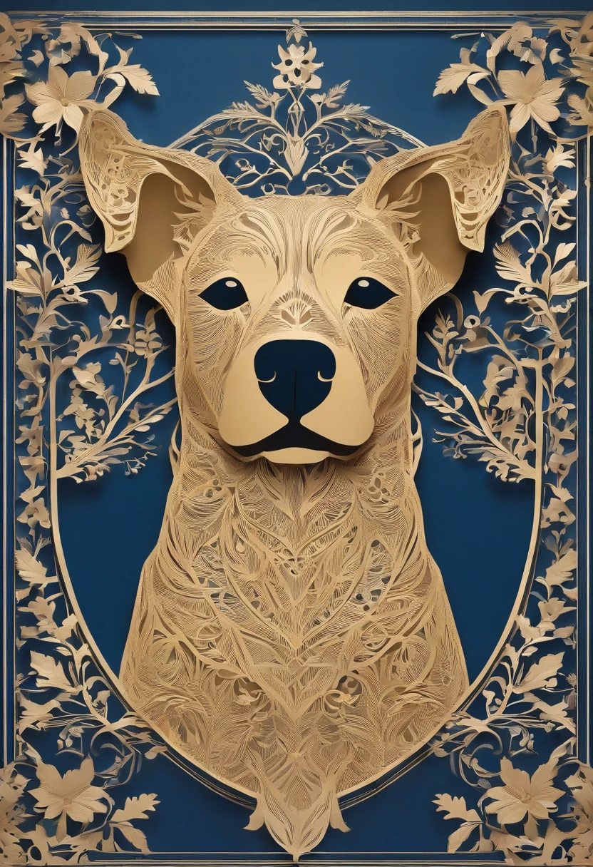 Paper Cuttings style,A dog in the middle,Dog,Non-realistic,Golden, Blue, White,، simple,Commercial posters,delight