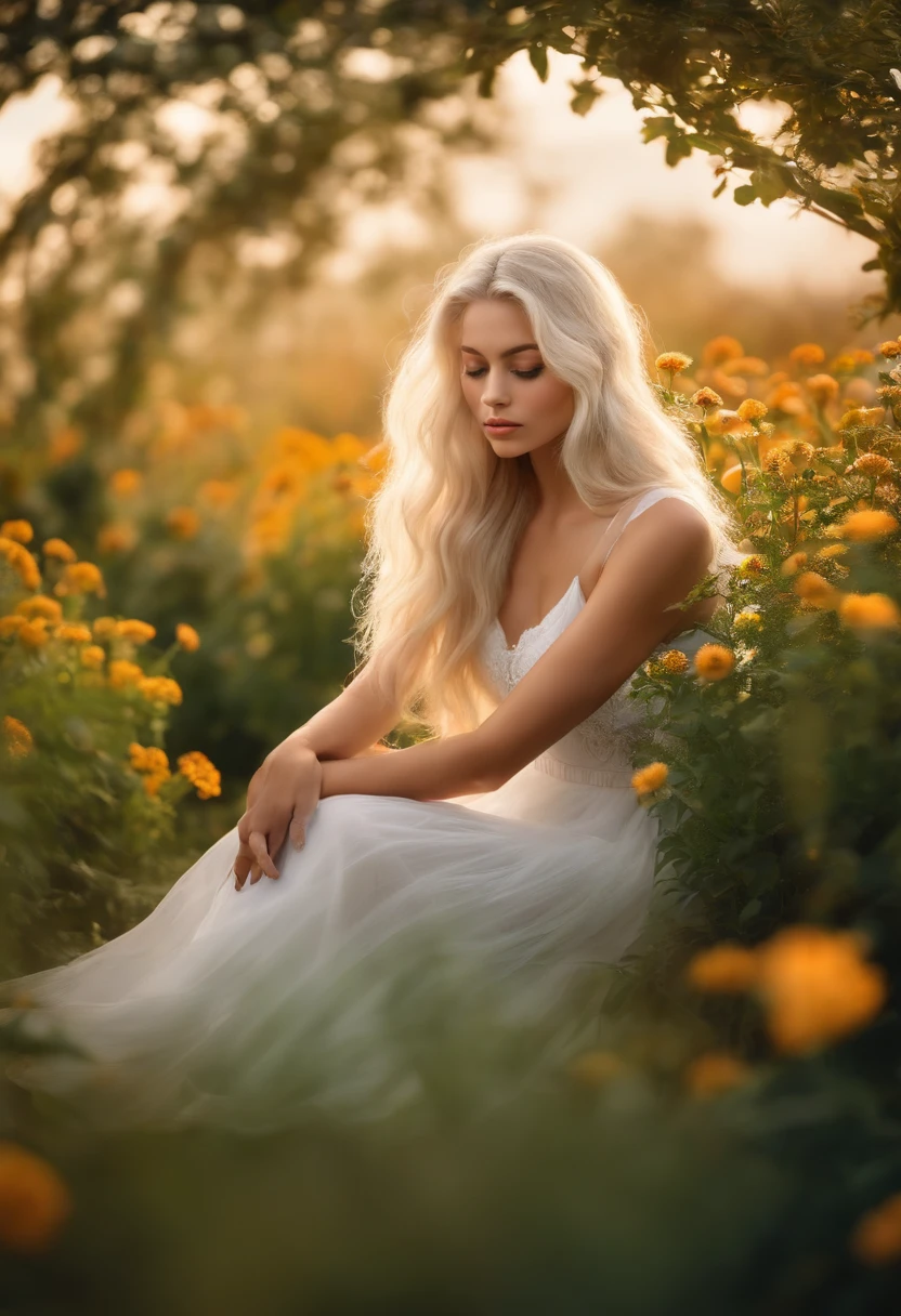 (masterpiece, best quality),1girl with long white hair sitting in a field of green plants and flowers, her hand under her chin, warm lighting, white dress, blurry foreground