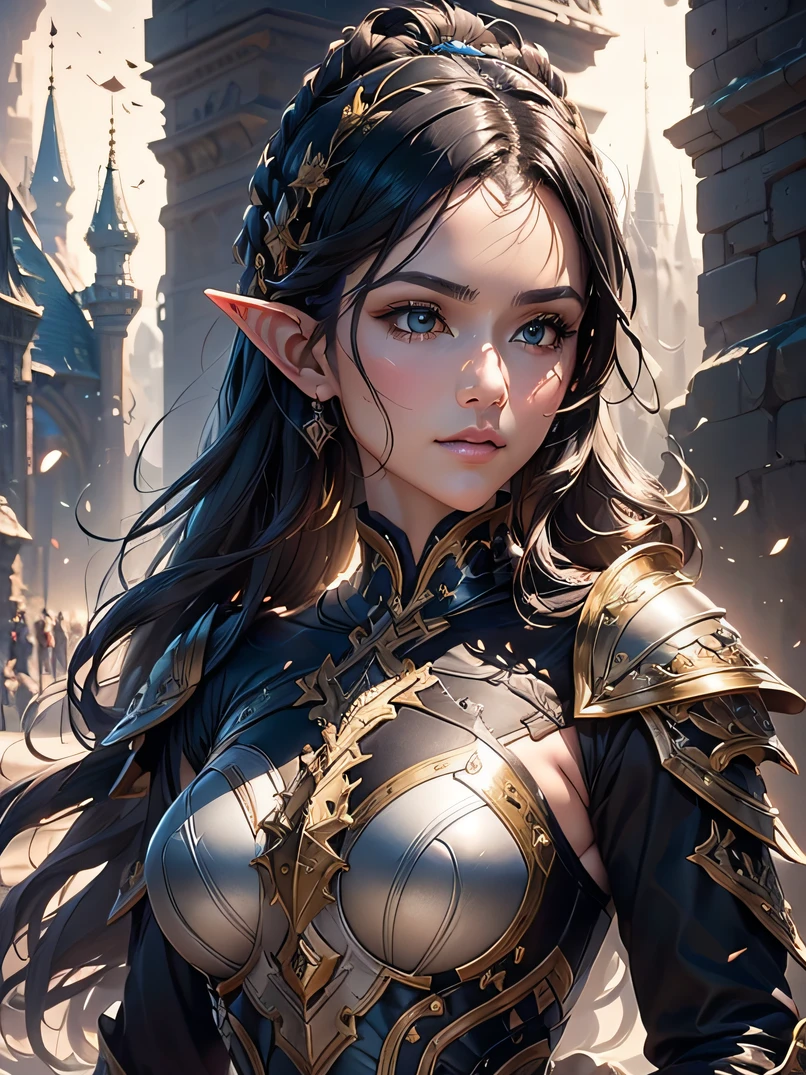beautiful girl of Slavic appearance, Beautiful breasts, long black hair, expressive blue eyes, Rapier in hand, black armor