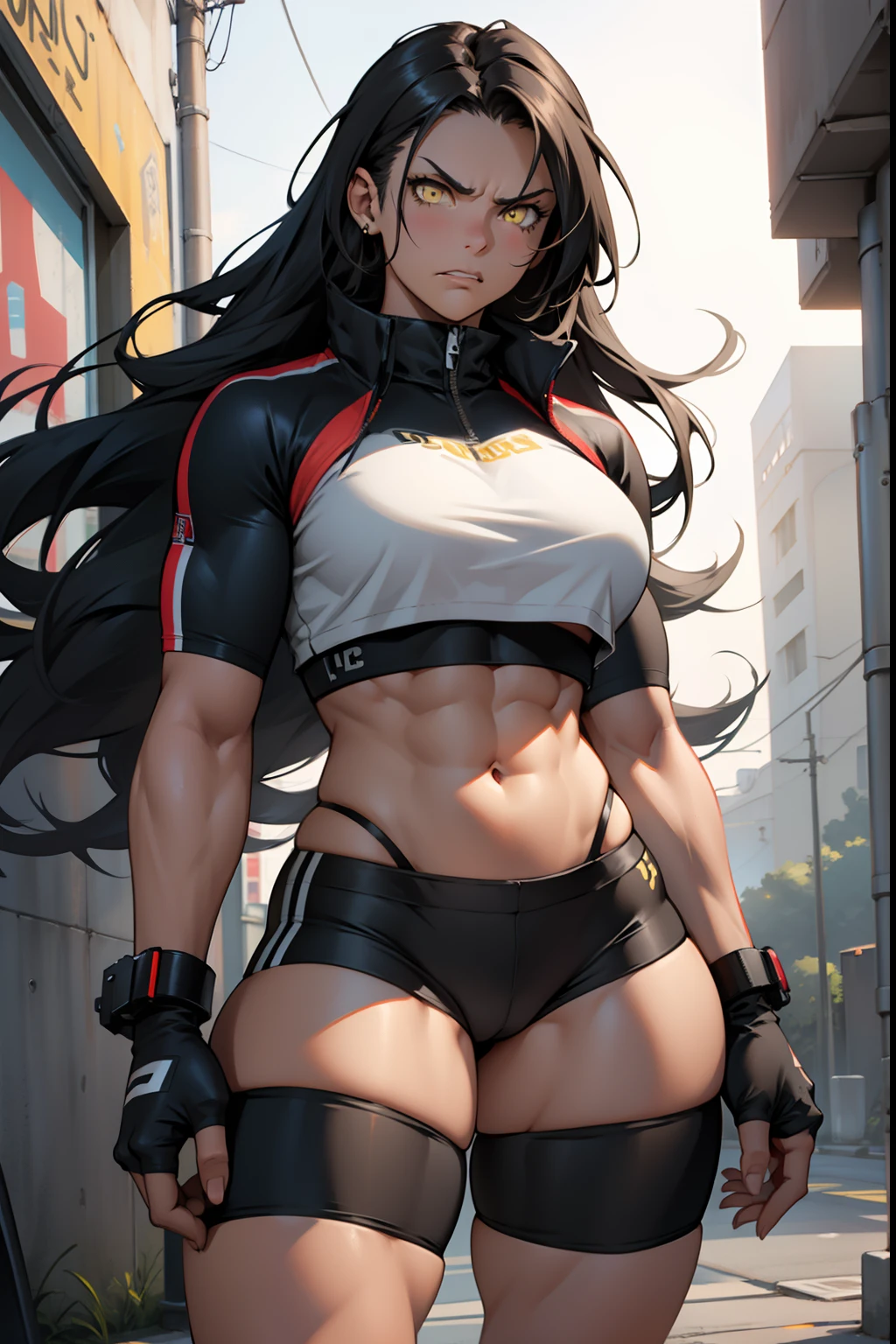 1 girl, solo, black, hair, extremely long hair, yellow eyes, angry, large breasts, thick thighs, curvy, wide hips, (muscular), toned body, crop top, bike shorts, navel, abs, concrete