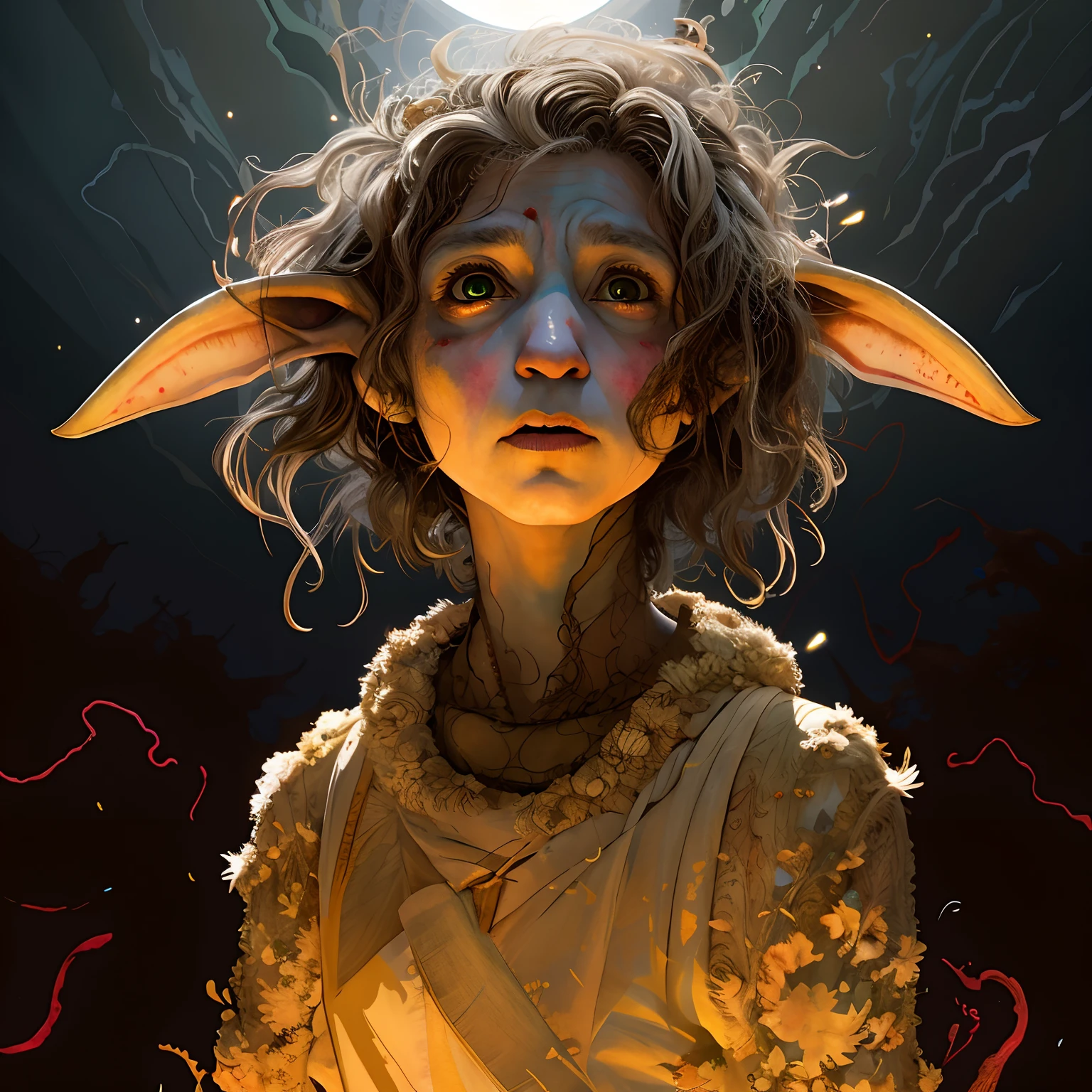 There is a digital painting of a woman with a horned head, retrato feminino do duende, medium portrait of a goblin, epic full color illustration, dnd avatar retrato de halfling, goblin menina dnd personagem, full-colour illustration, Um retrato de um elfo, full art illustration, Retrato de um Duende, retrato de fantasia digital, personagem de fantasia hiperdetalhado, Yoda Retrato da Arte da Fantasia