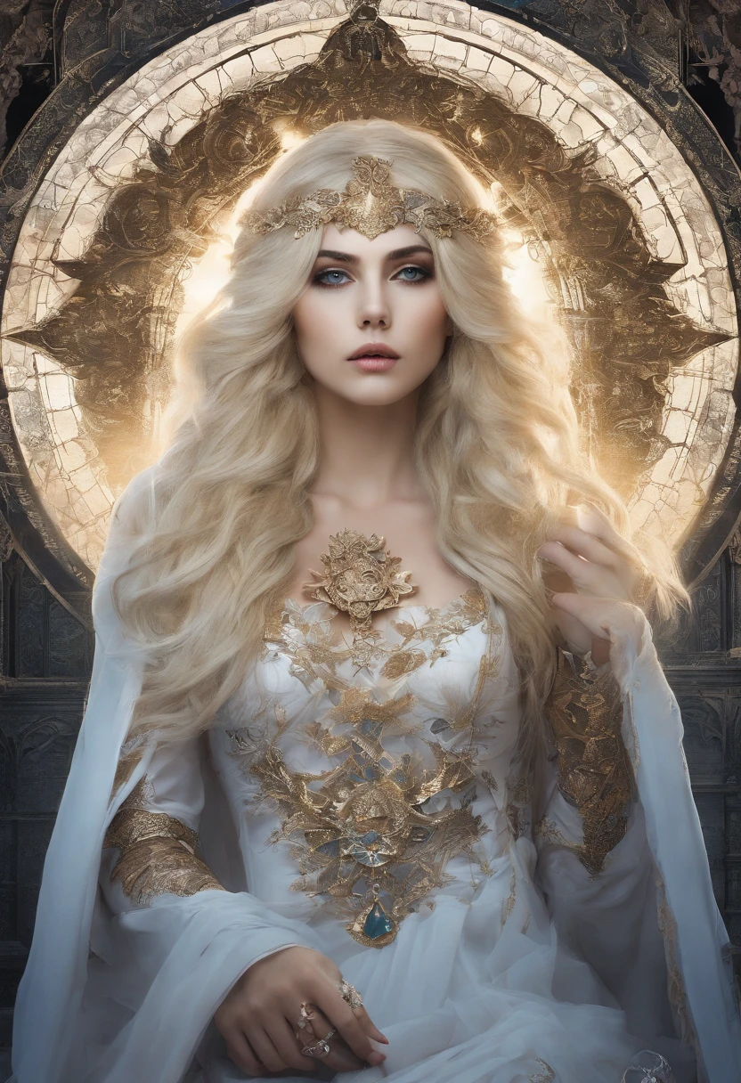 Crie uma obra de arte em 3D de uma mulher celestial usando um vestido branco adornado com (((detalhes intrincados))). A obra deve incorporar a (((best possible quality))), with an emphasis on (((detalhes extremos))) e uma (((Complex composition))). Utilize uma paleta de cores que reflita uma aura celestial, com tons suaves de azul, Ethereal white and subtle touches of gold. Make sure the composition exudes a sense of otherworldly beauty and tranquility. Inspire-se em artistas como (((H.R. Giger))), (((ZBrushCentral))), e (((Vitaly Bulgarov)))