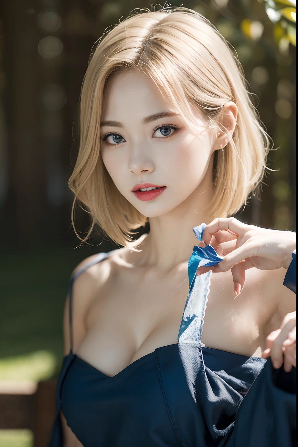 22-year-old woman、(hi-top fade:1.3)、length hair、Blue eyes、Dark theme、Soothing tones、Subdued Color、highly contrast、Colossal tits、(cleavage of the breast)、Off-the-shoulder see-through dresses、The upper part of the body、(natural skin textures、Hyper-Realism、Soft light、sharp)、(a blond)、appearance々Background、Alice in Wonderland