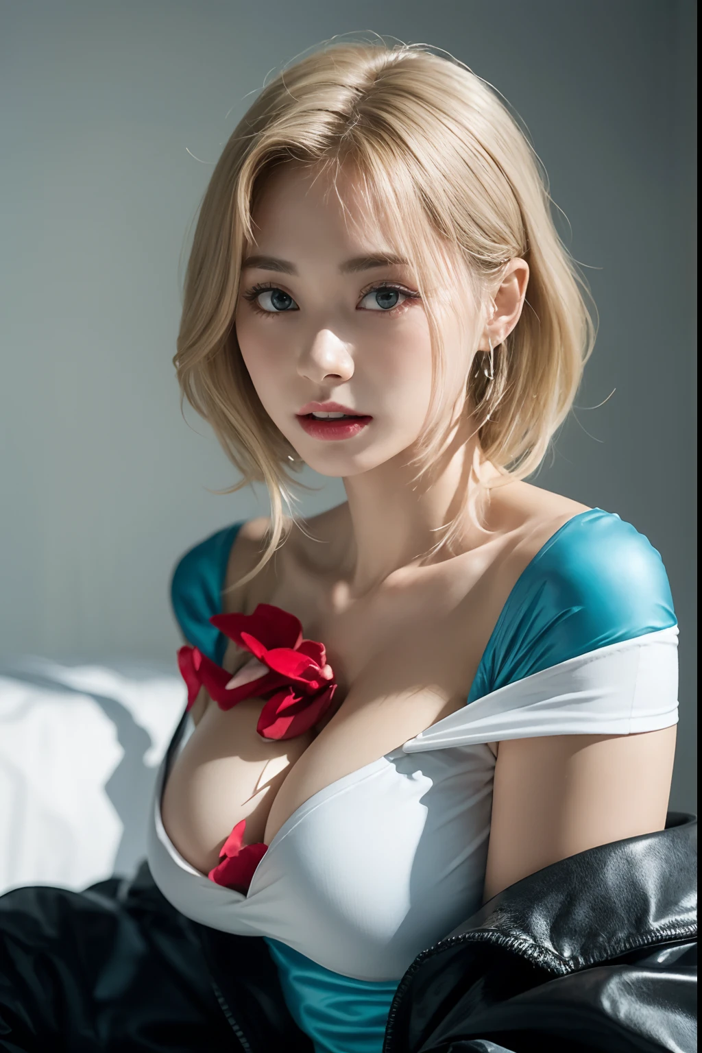 22-year-old woman、(hi-top fade:1.3)、length hair、Blue eyes、Dark theme、Soothing tones、Subdued Color、highly contrast、Colossal tits、(cleavage of the breast)、Off-the-shoulder see-through dresses、The upper part of the body、(natural skin textures、Hyper-Realism、Soft light、sharp)、(a blond)、appearance々Background、Alice in Wonderland