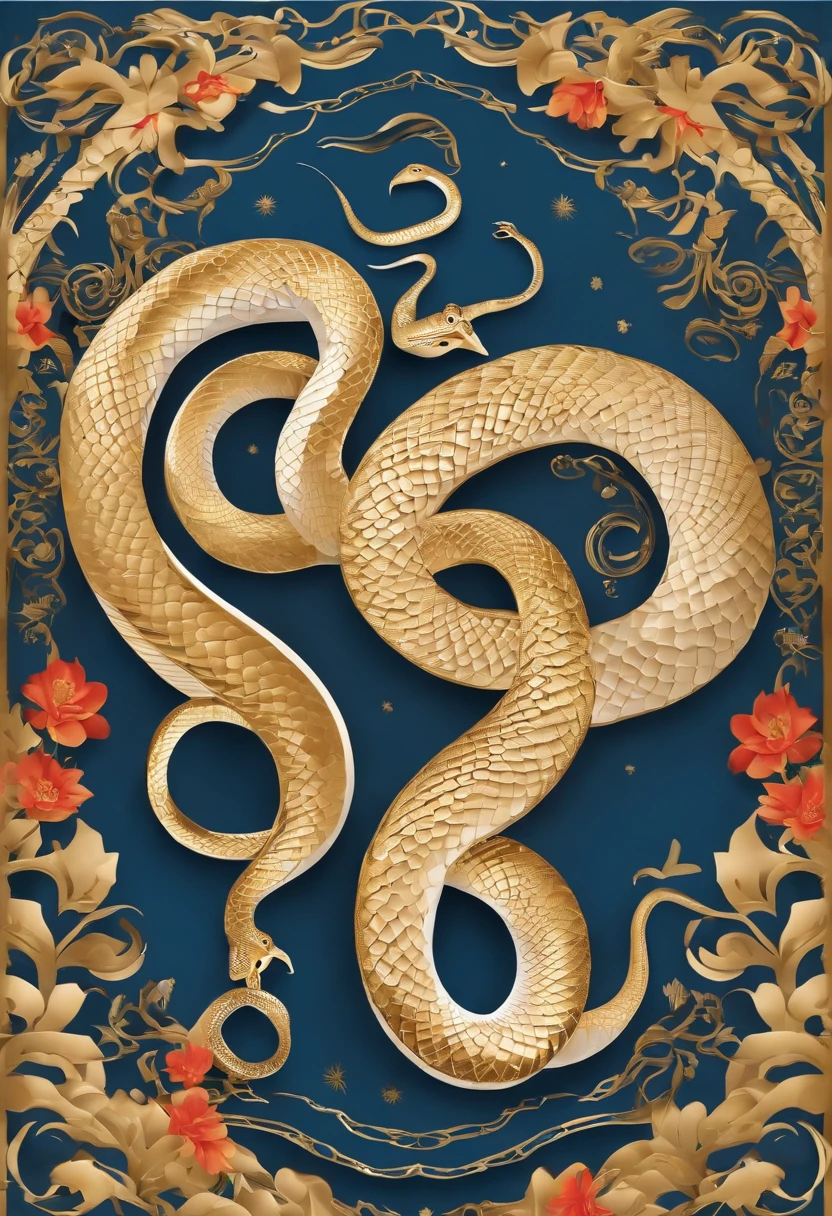 Paper Cuttings style,A snake in the middle,Year of the Snake,Non-realistic,Golden, Blue, White,، simple,Commercial posters,delight
